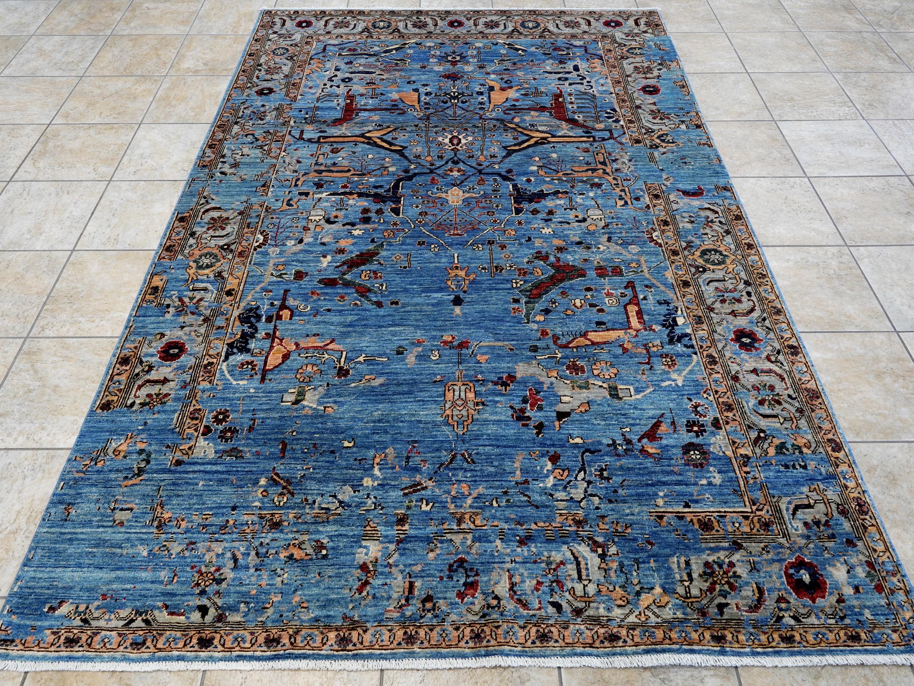 6x9 Ft Blue Serapi Rug - Traditional Wool Rug - Broken Design