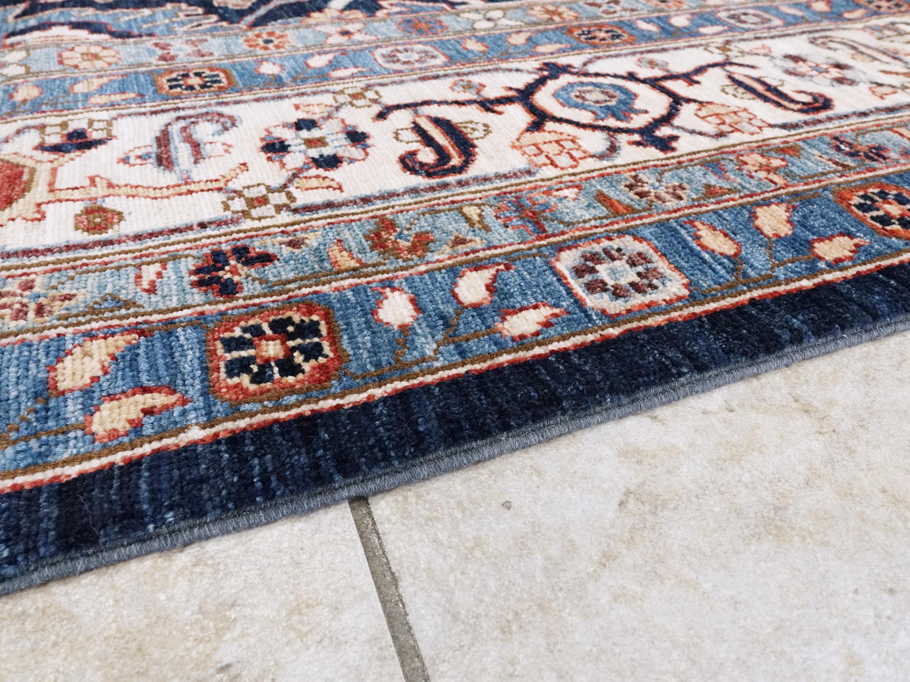 9x12 Ft Blue & Beige Serapi Rug - Hand Knotted Area Rug - Persian Design