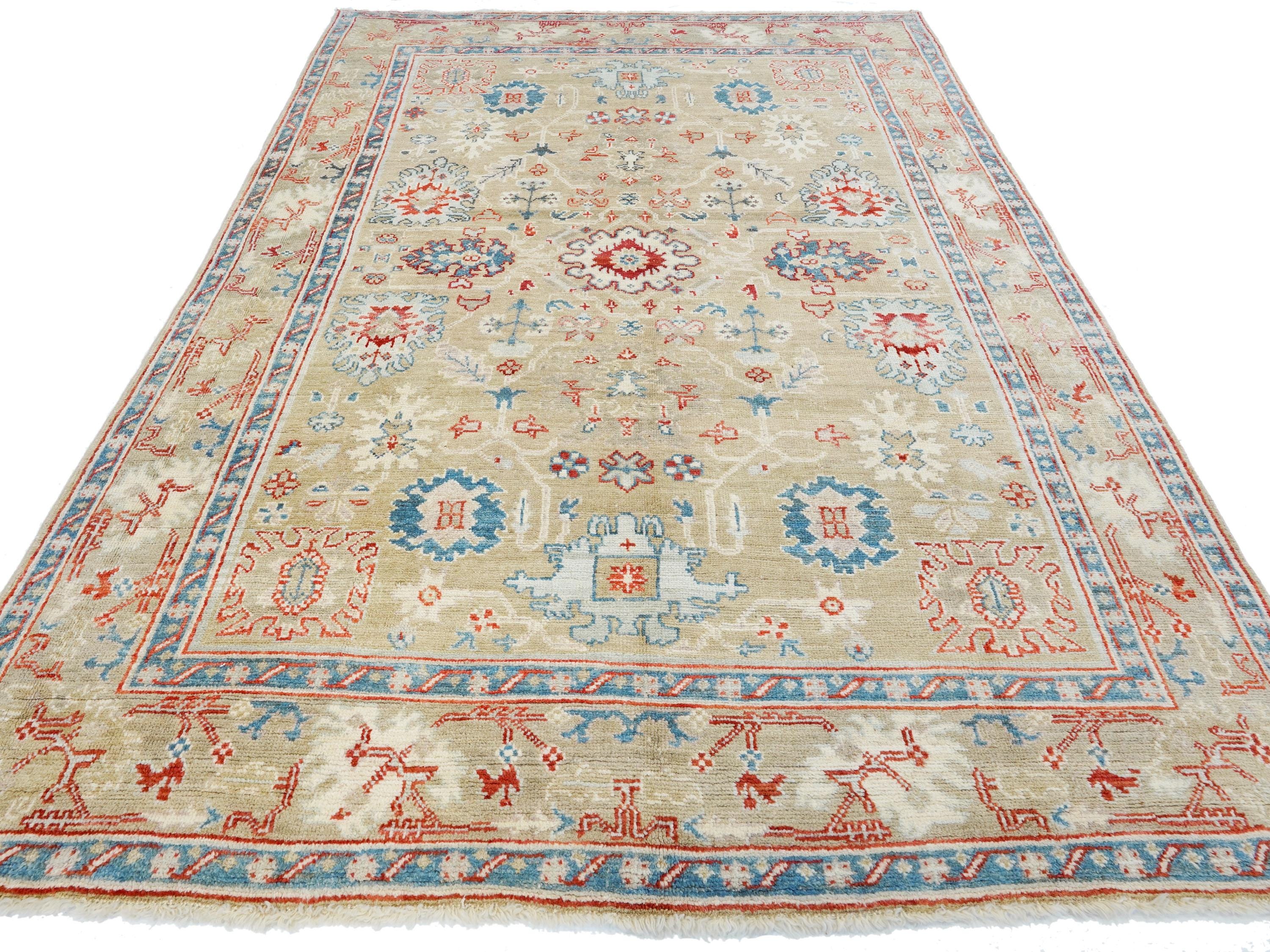 8x11 Ft Brown & Red Oushak Rug - Hand Knotted Oriental Rug - Floral Design