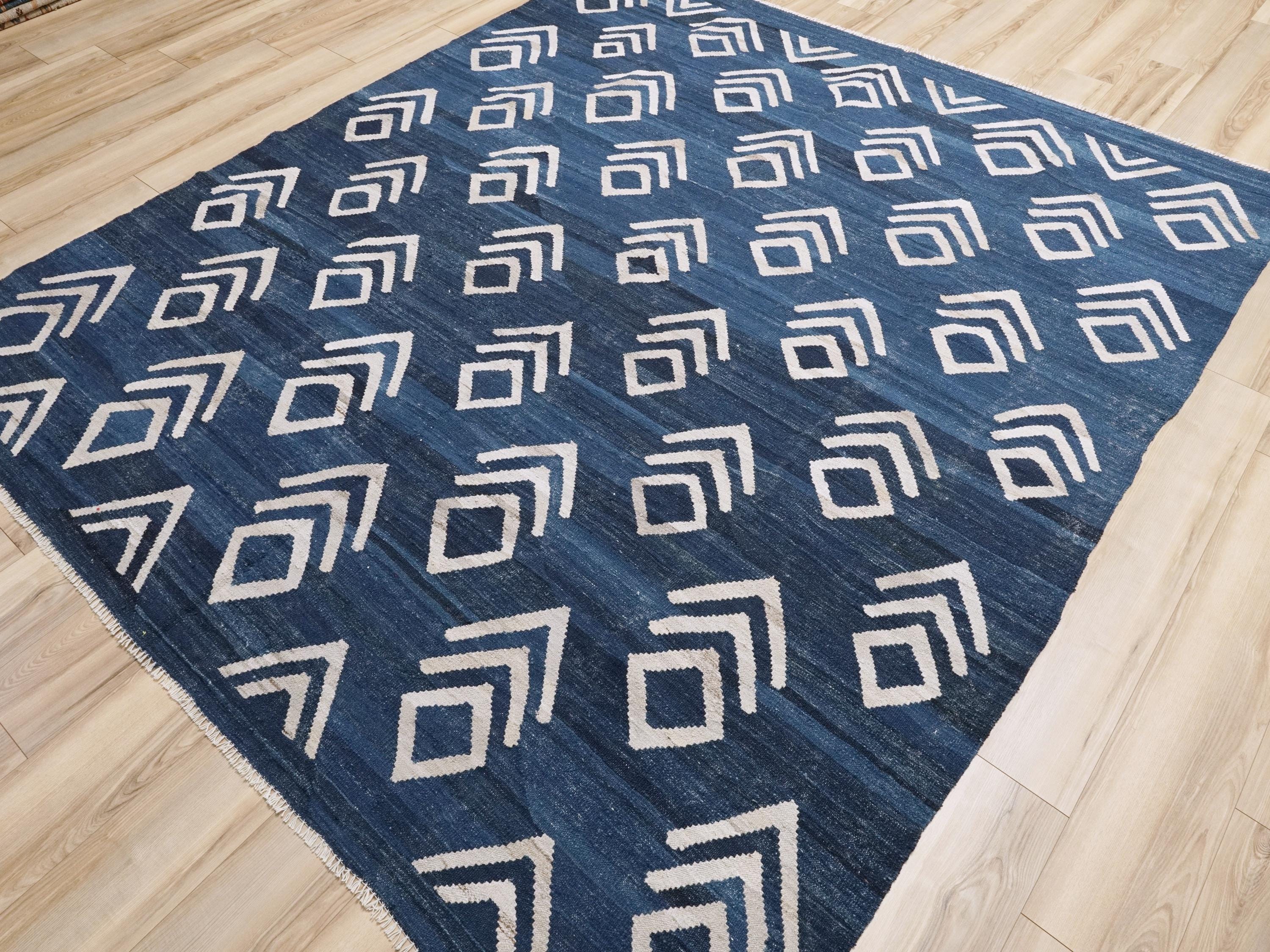 8x10 Ft Blue Kilim Rug - Handmade Afghan Flat Weave