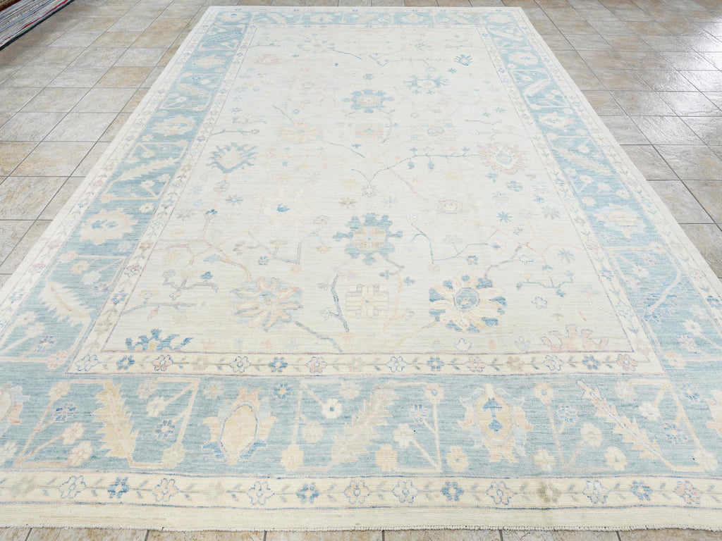 10x14 Ft Blue Oushak Rug - Hand Knotted Afghan Rug - Turkish Floral Design
