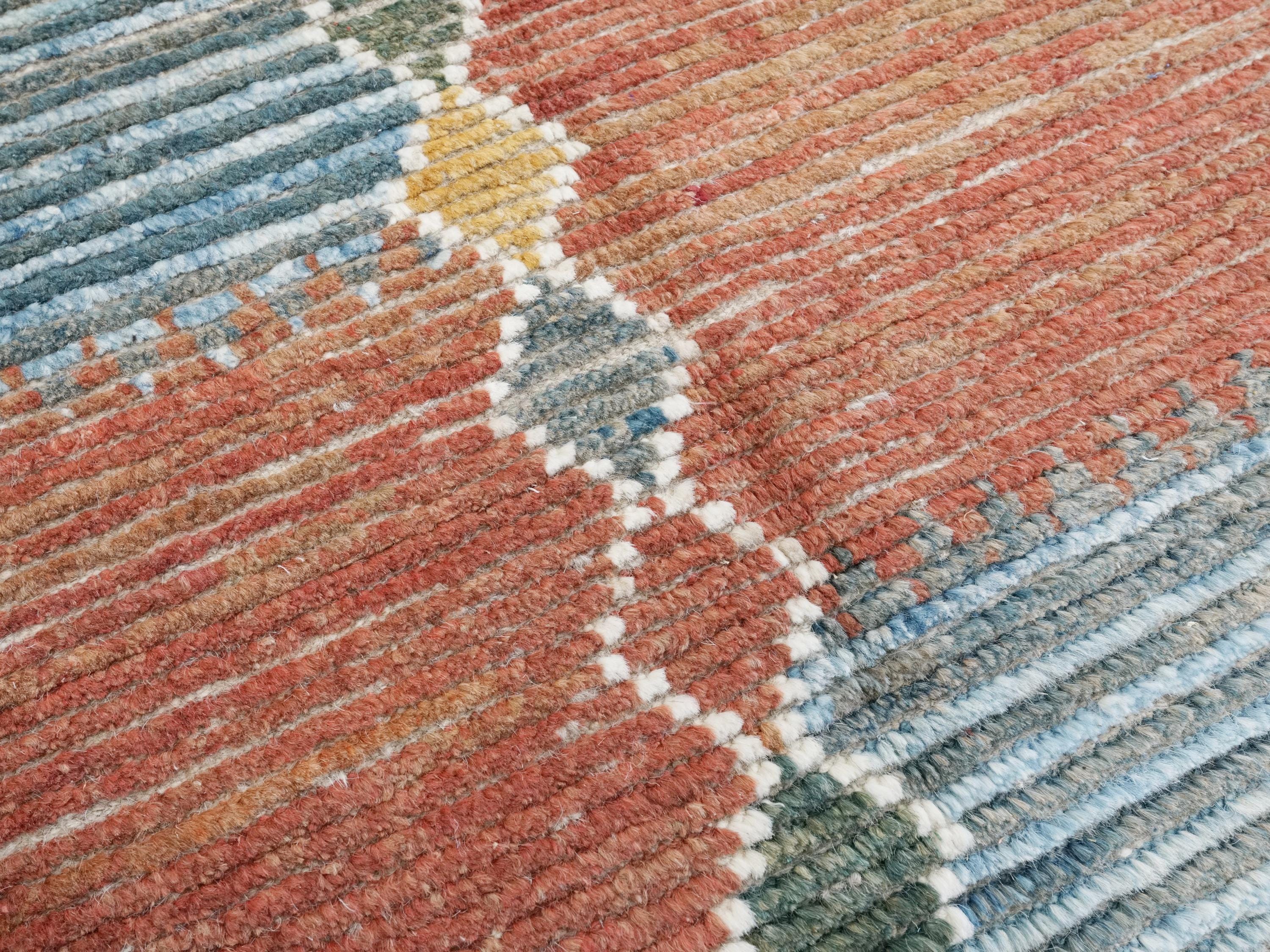 7x10 Ft Hand Knotted Afghan Wool Rug: Orange & Blue Moroccan Rug