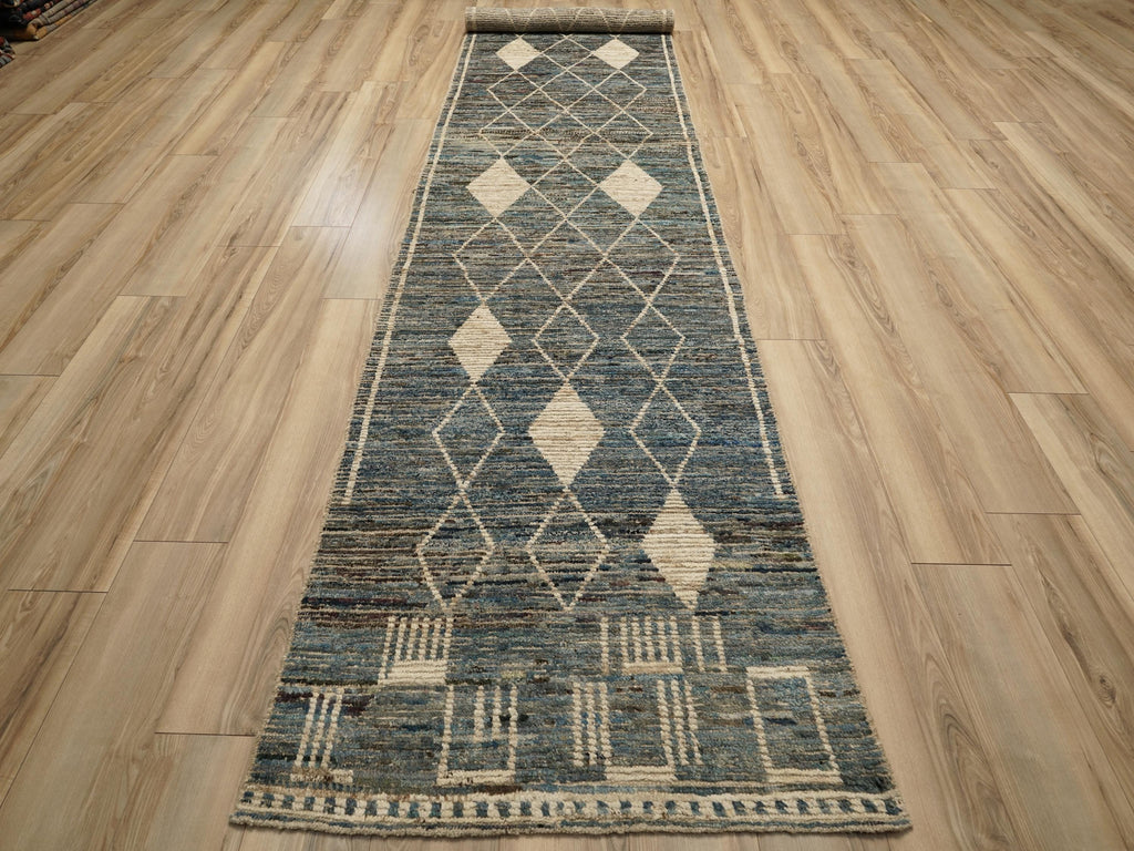 16 Ft Blue Moroccan Runner Rug - Afghan Handmade Wool Rug
