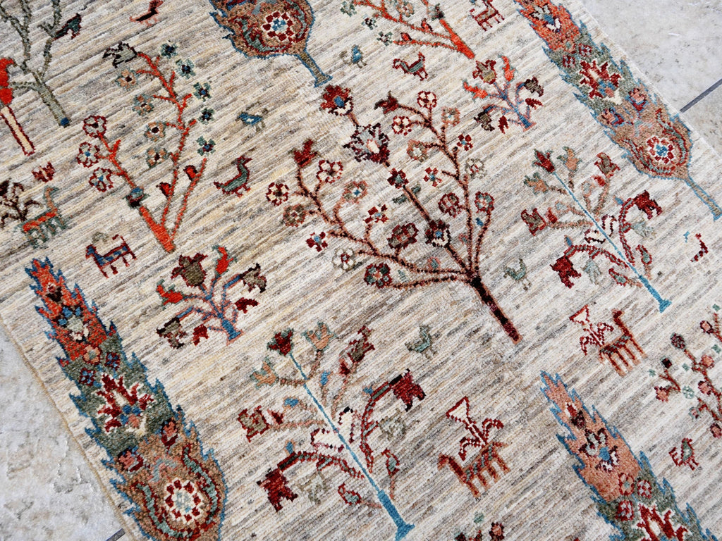 11 Ft Beige Afghan Runner Rug - Hand Knotted Hallway Rug - Floral Design