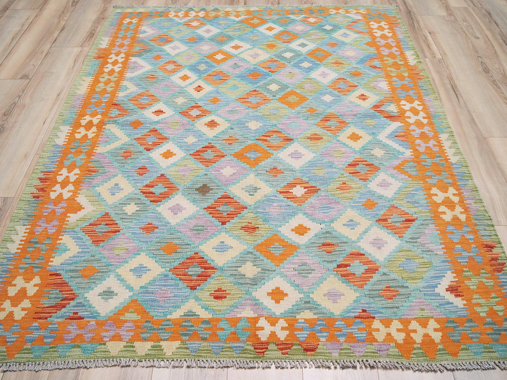 5x7 Ft Orange & Blue Kilim Rug - Handwoven Afghan Flat Weave
