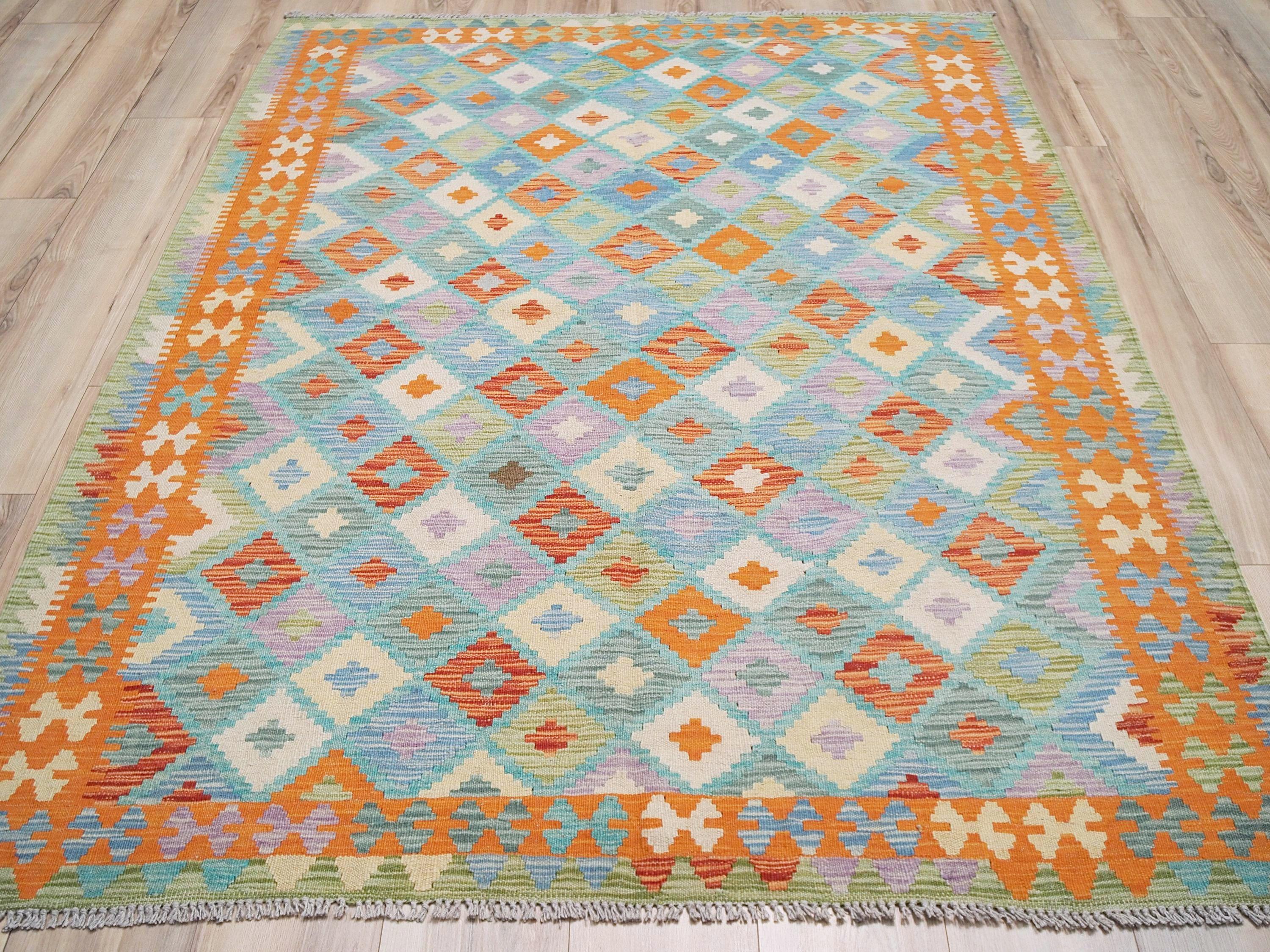 5x7 Ft Orange & Blue Kilim Rug - Handwoven Afghan Flat Weave