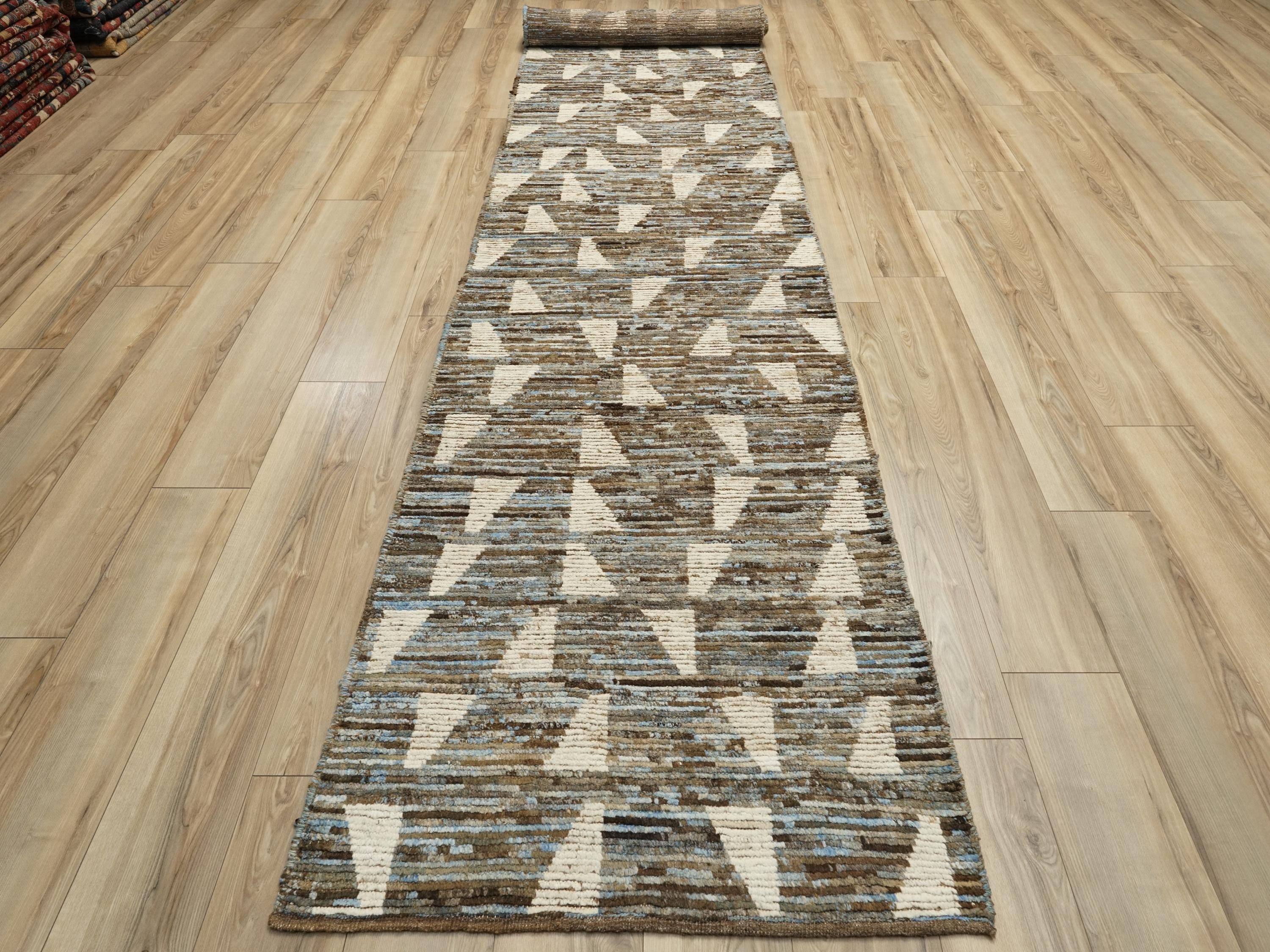 19 Ft Hand Knotted Moroccan Rug - Light Blue Hallway Runner