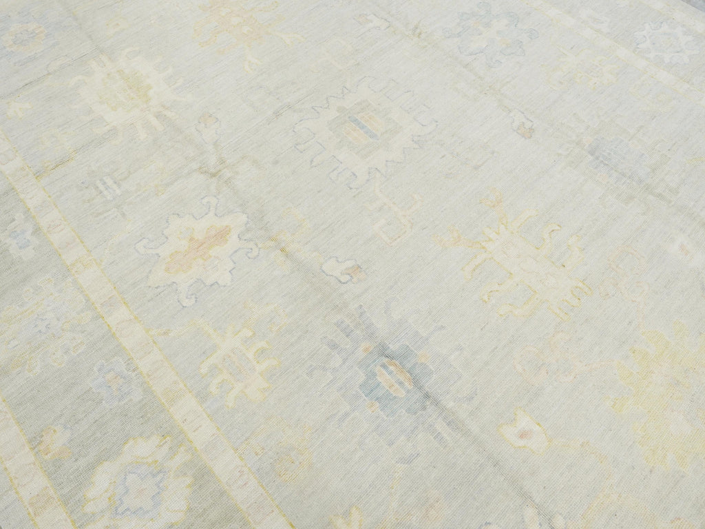 10x14 Ft Muted Green Ushak Rug - Hand Knotted Afghan Rug - Turkish Floral Design