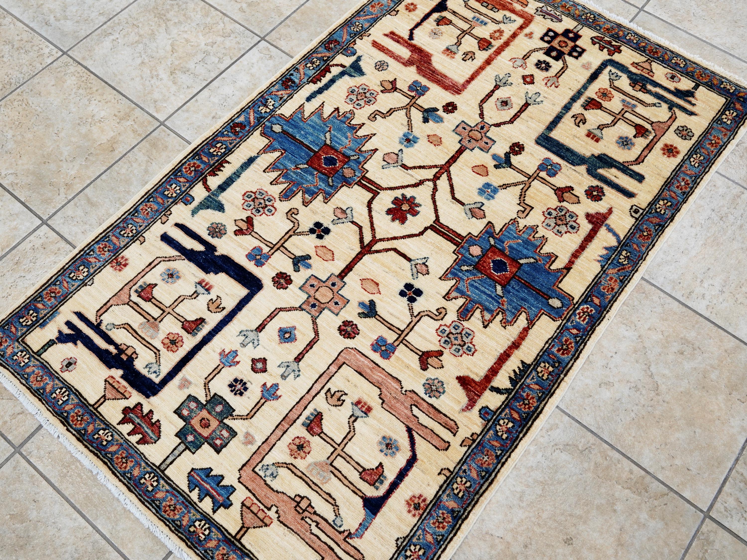 3x5 Ft Beige & Blue Heriz Rug - Handmade Afghan Rug