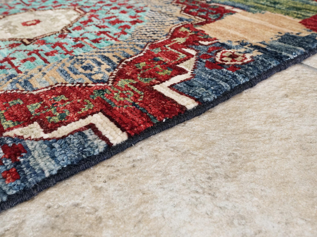 2x5 Ft Blue Afghan Mamluk Rug - Hand Knotted Ghazni Wool Hallway Runner
