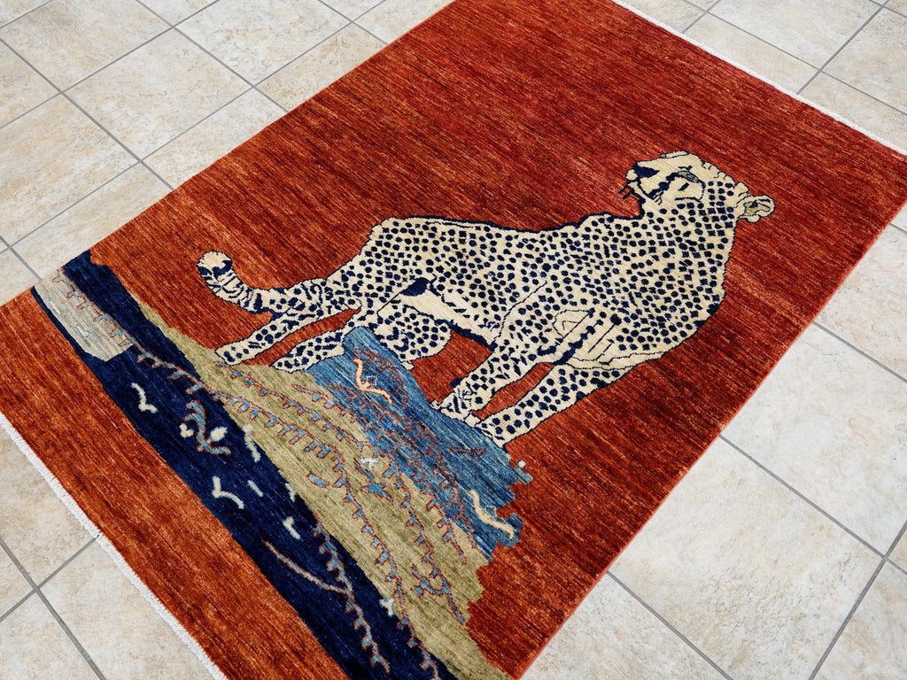 4x6 Ft Red Cheetah Rug - Hand Knotted Oriental Rug