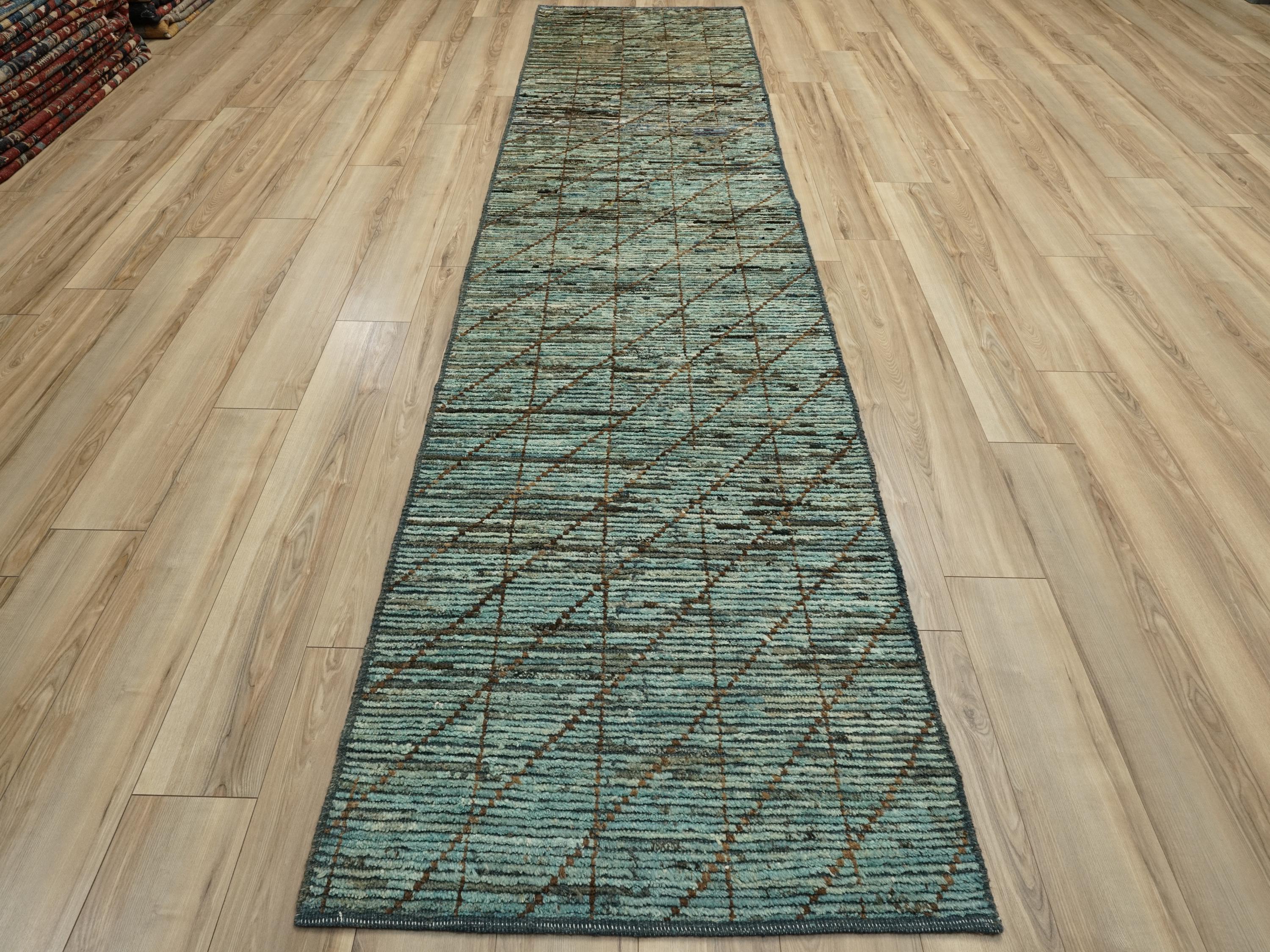 13 Ft Cyan Moroccan Runner Rug - Afghan Handmade Wool Hallway Rug