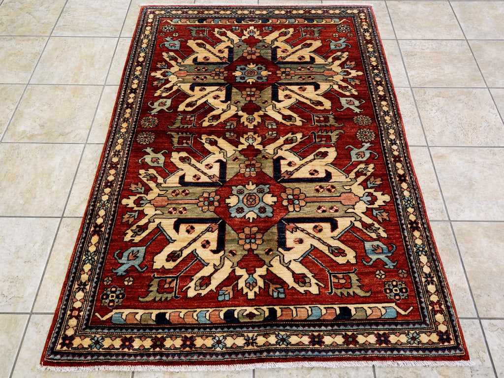 4x6 Ft Afghan Hand Knotted Rug - Red Floral Rug