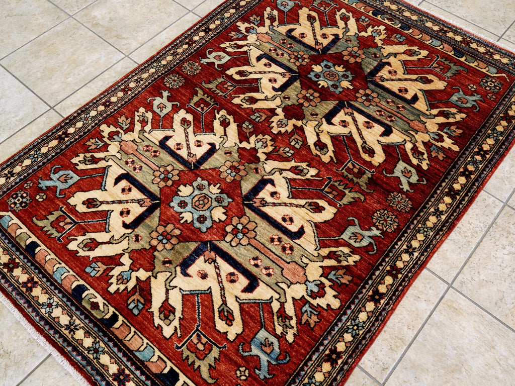 4x6 Ft Afghan Hand Knotted Rug - Red Floral Rug