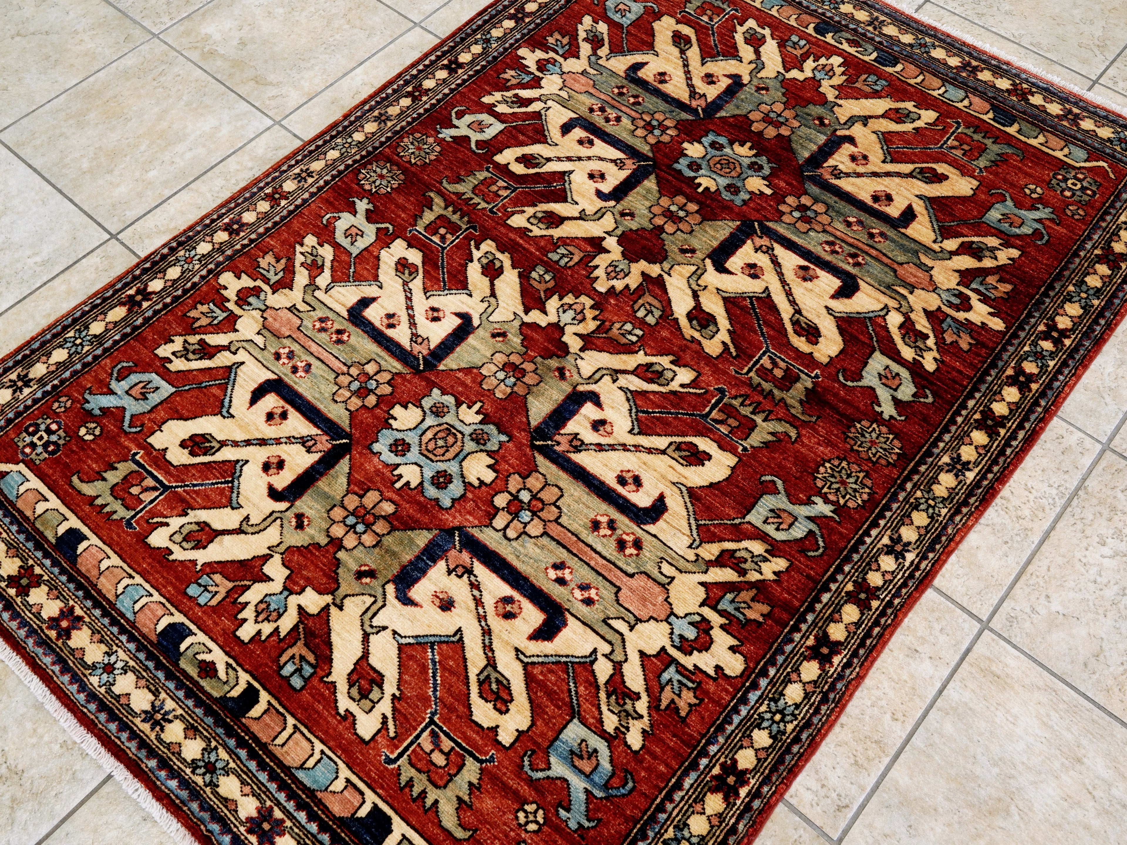 4x6 Ft Afghan Hand Knotted Rug - Red Floral Rug