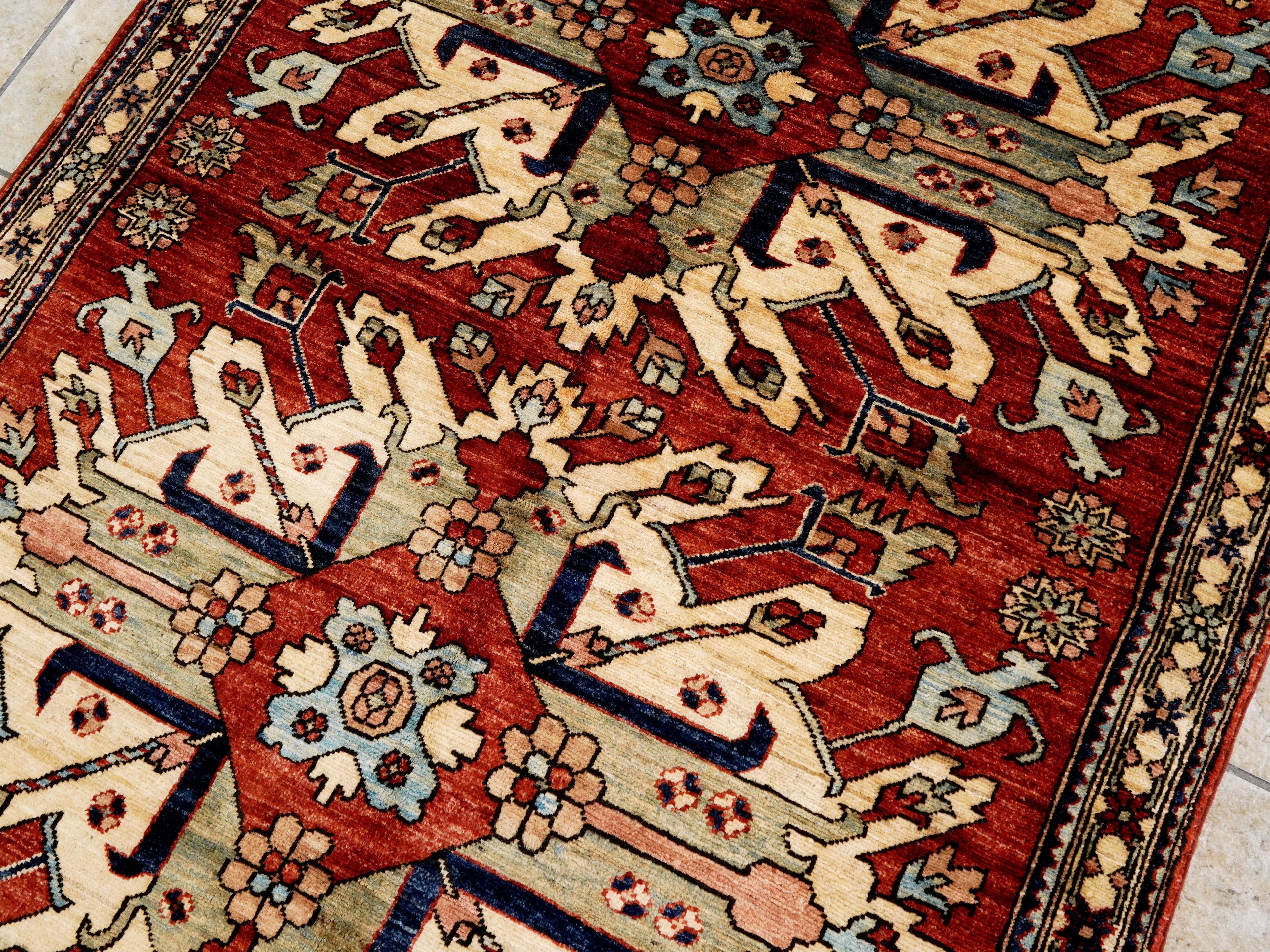 4x6 Ft Afghan Hand Knotted Rug - Red Floral Rug