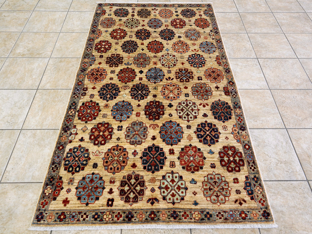 4x7 Ft Afghan Hand Knotted Rug - Beige Floral Rug