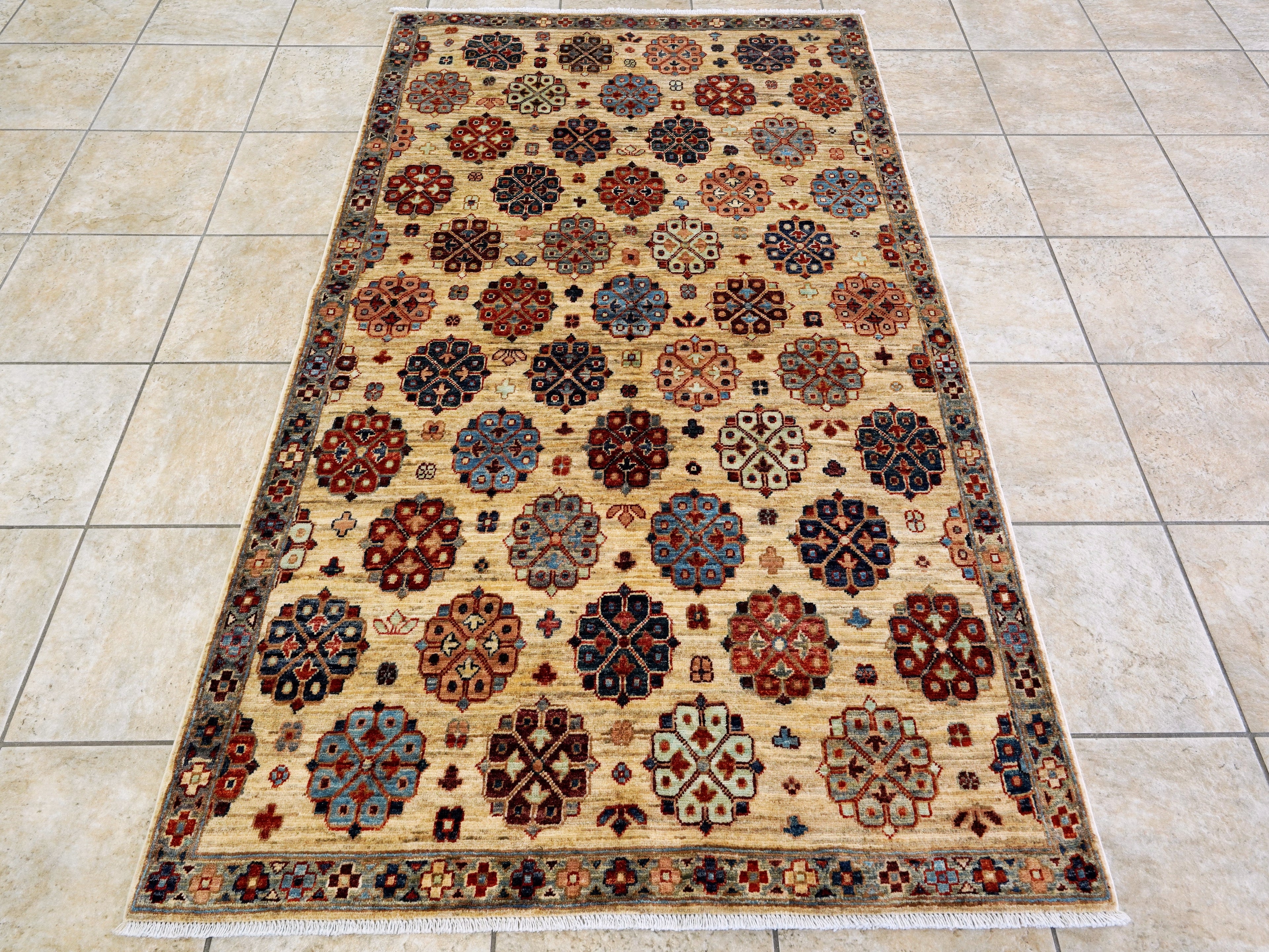 4x7 Ft Afghan Hand Knotted Rug - Beige Floral Rug