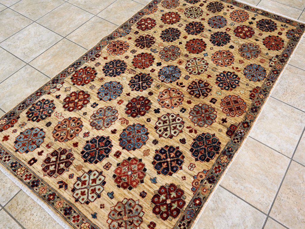 4x7 Ft Afghan Hand Knotted Rug - Beige Floral Rug