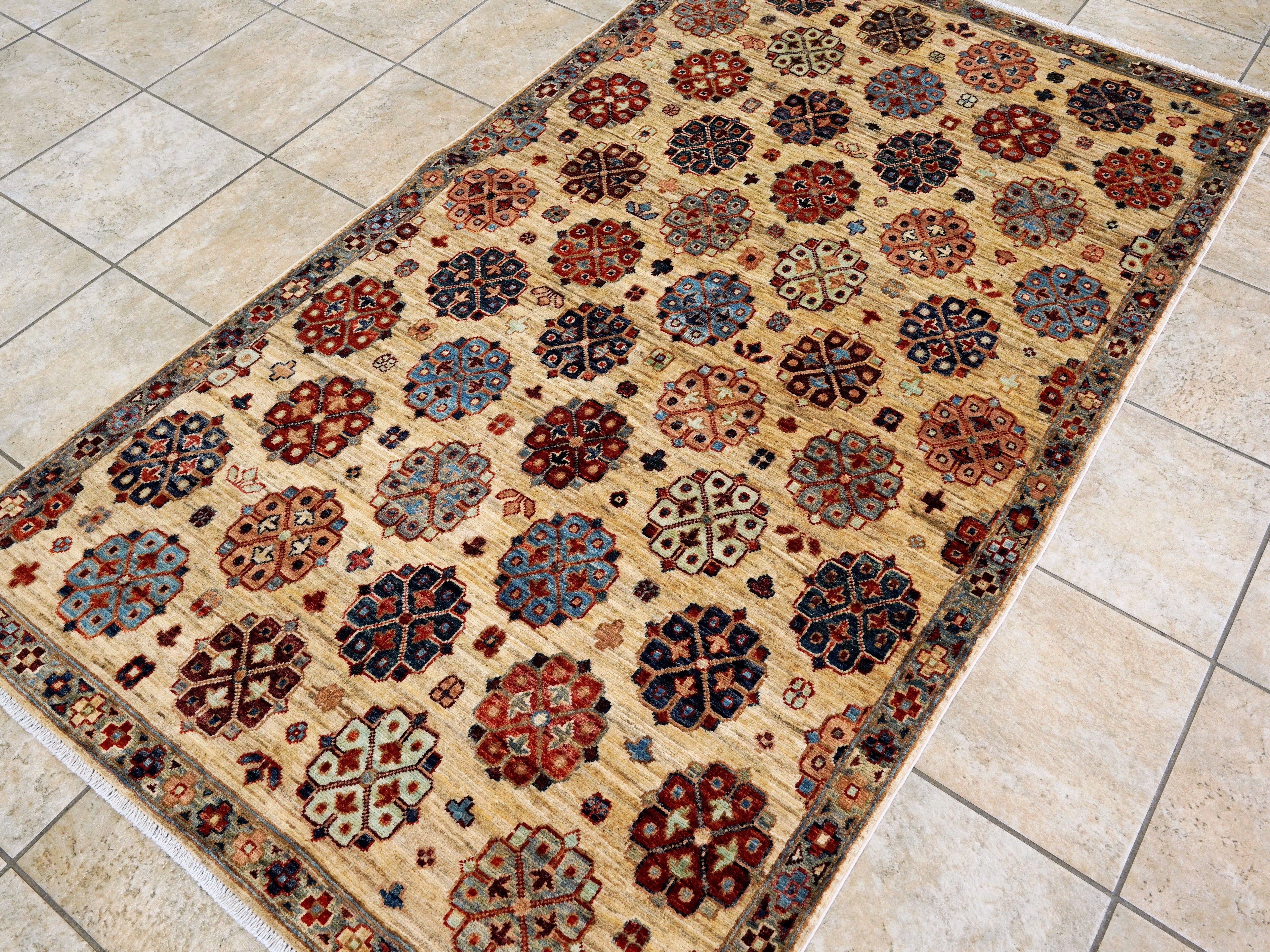 4x7 Ft Afghan Hand Knotted Rug - Beige Floral Rug