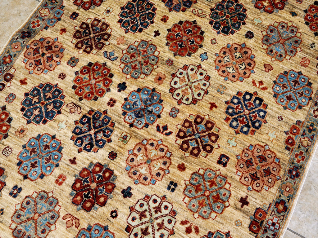 4x7 Ft Afghan Hand Knotted Rug - Beige Floral Rug