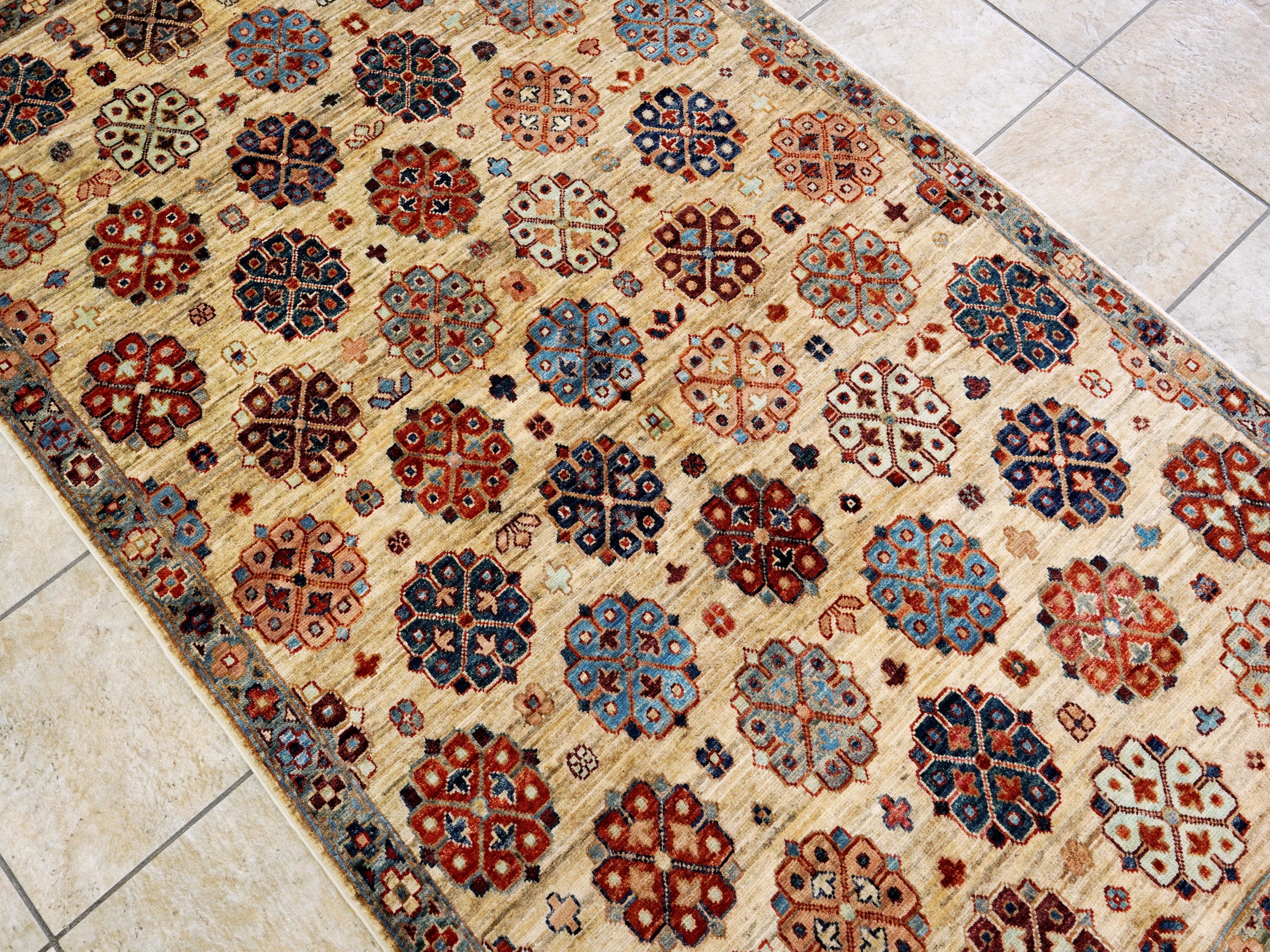 4x7 Ft Afghan Hand Knotted Rug - Beige Floral Rug