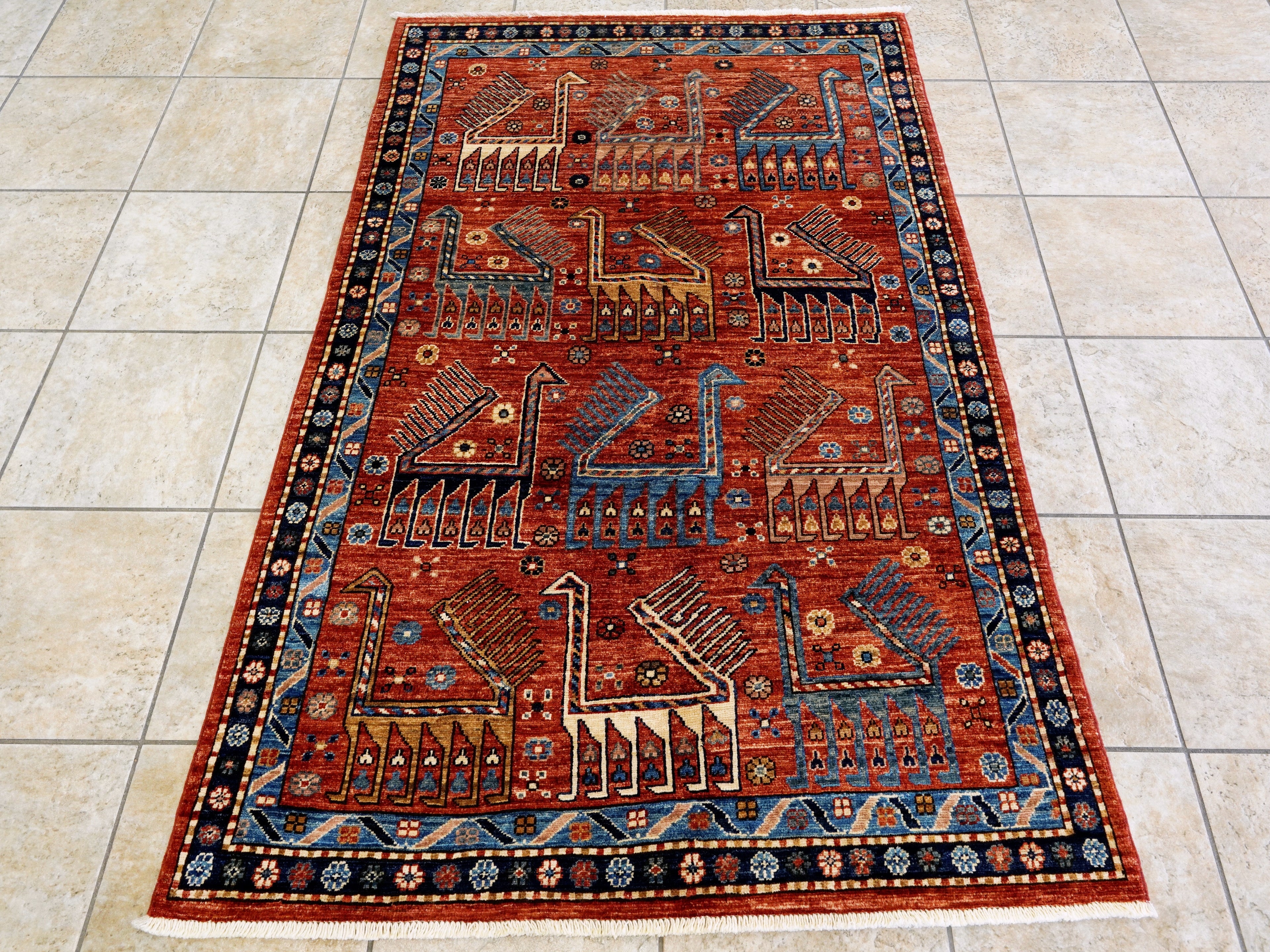 4x6 Ft Red Animal Rug - Handmade Afghan Wool Rug