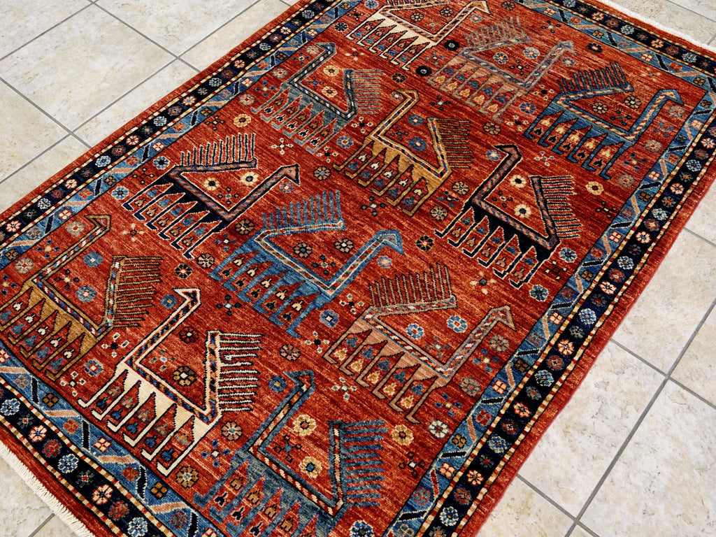 4x6 Ft Red Animal Rug - Handmade Afghan Wool Rug