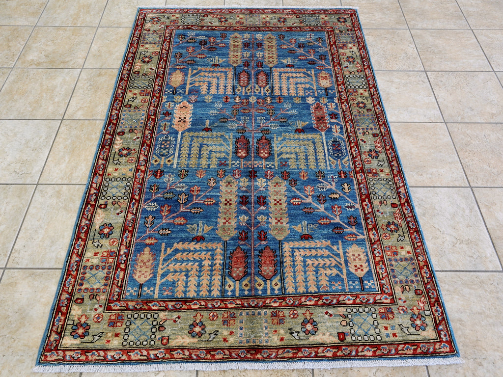 4x6 Ft Afghan Hand Knotted Rug - Blue Floral Rug