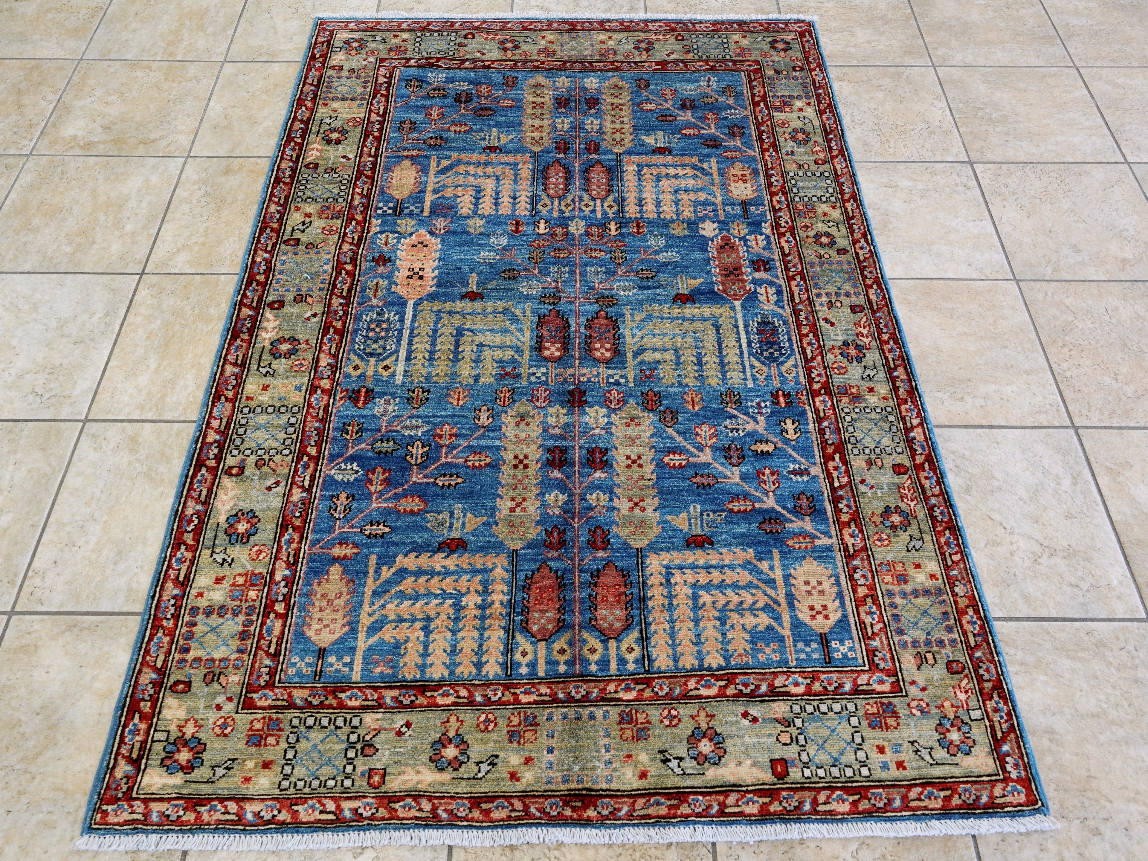 4x6 Ft Afghan Hand Knotted Rug - Blue Floral Rug