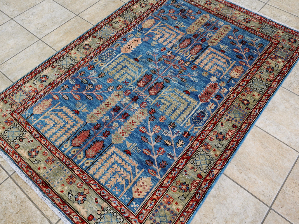 4x6 Ft Afghan Hand Knotted Rug - Blue Floral Rug