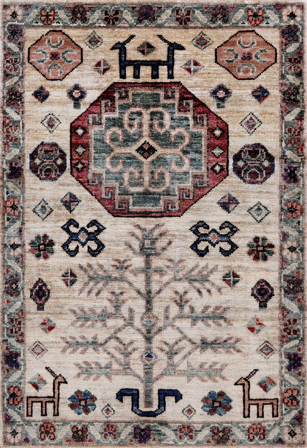 2x3 Ft Beige Afghan Rug - Hand Knotted Tribal Rug