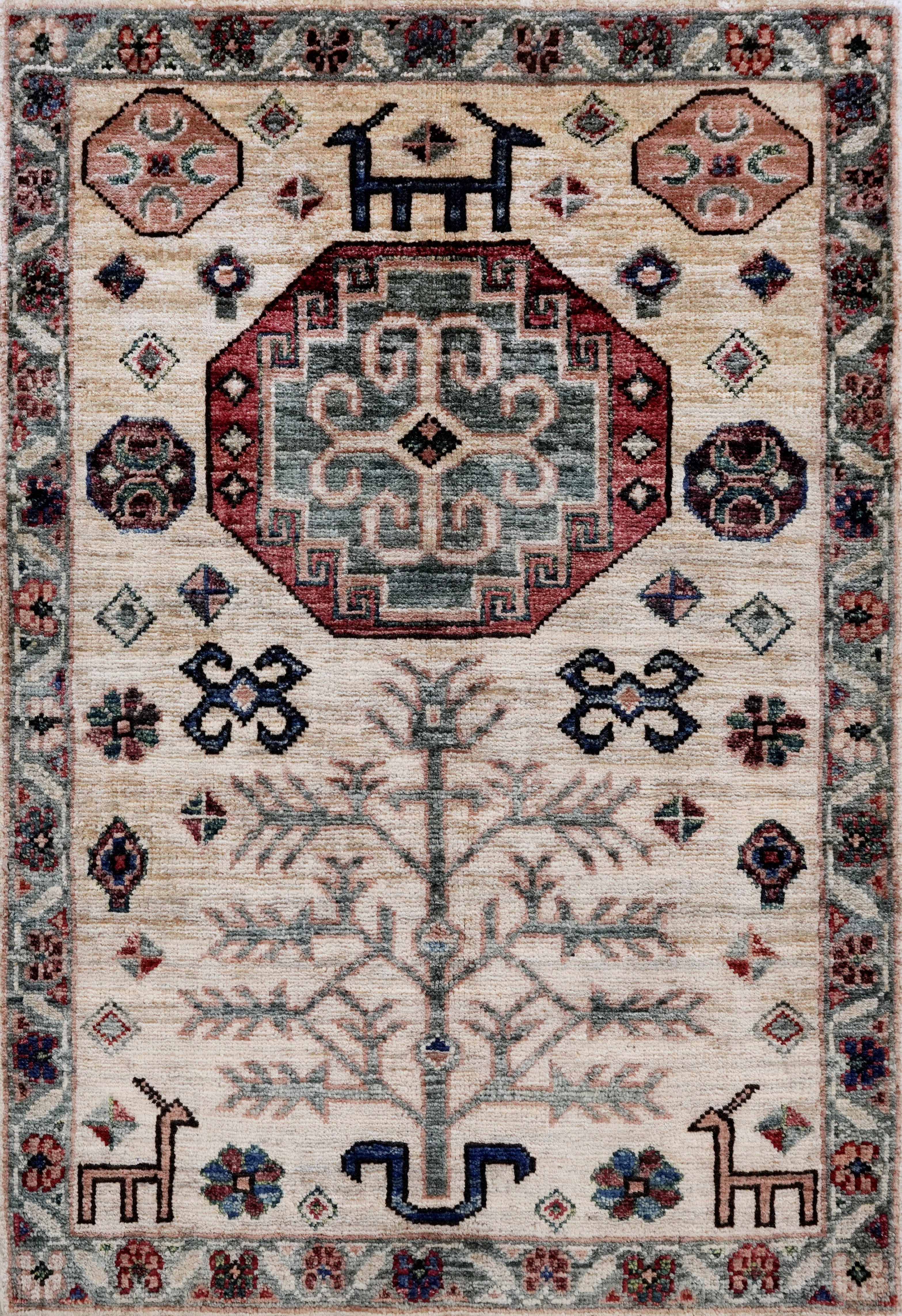 2x3 Ft Beige Afghan Rug - Hand Knotted Tribal Rug