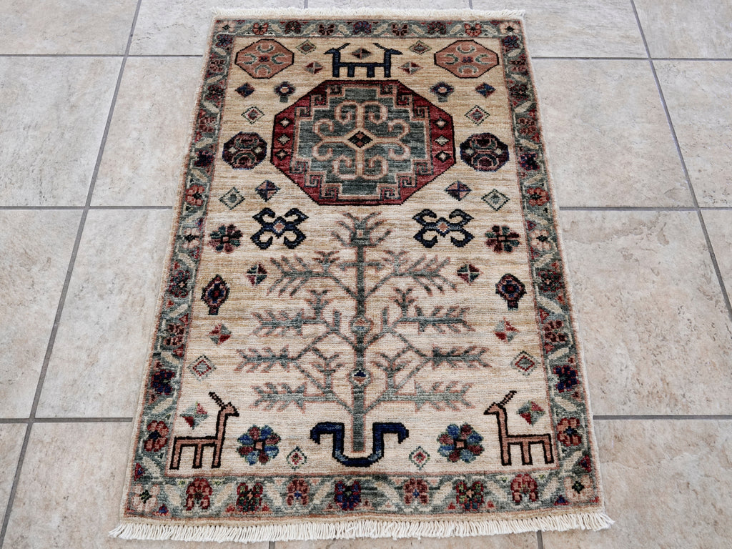 2x3 Ft Beige Afghan Rug - Hand Knotted Tribal Rug