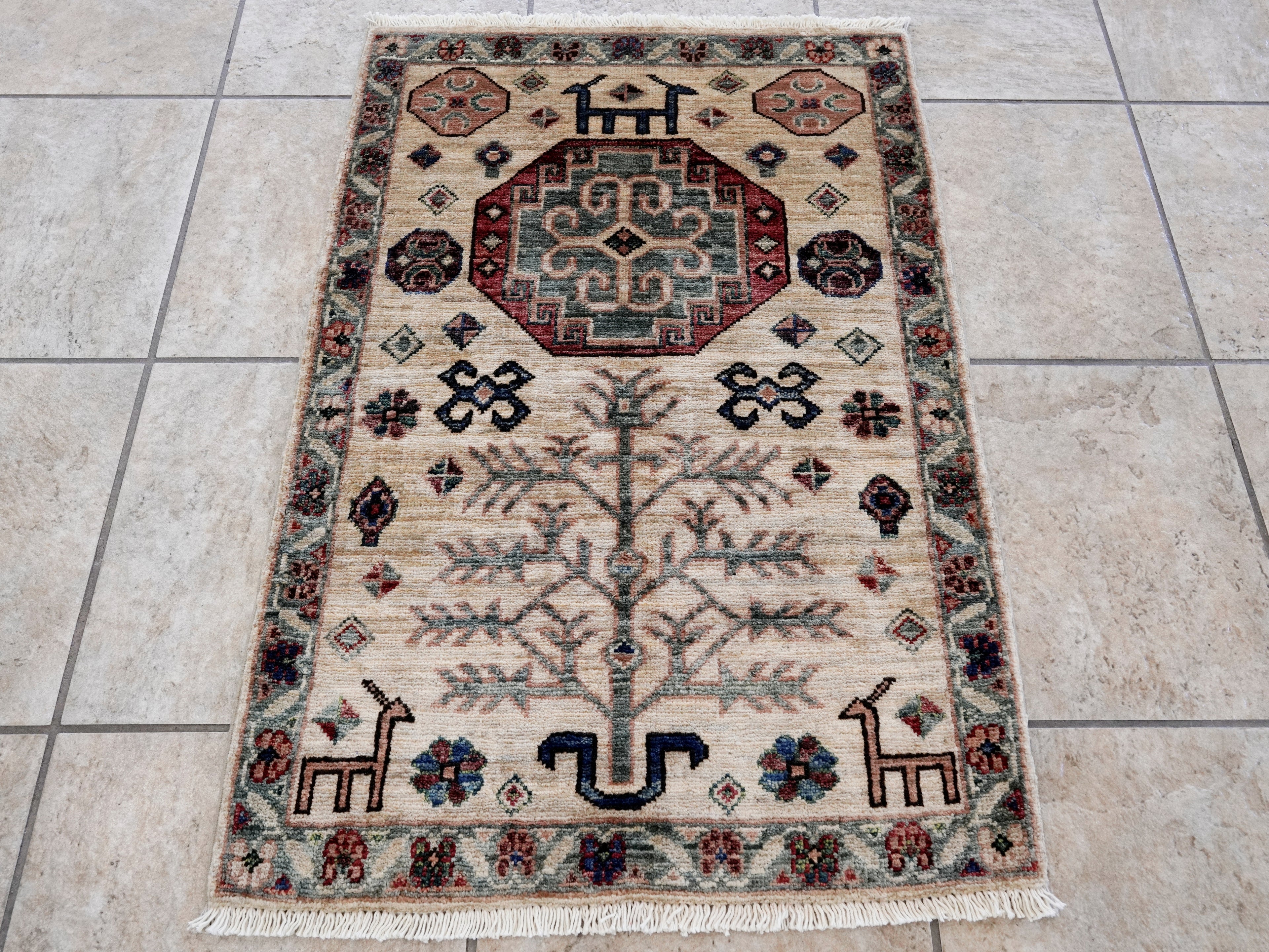 2x3 Ft Beige Afghan Rug - Hand Knotted Tribal Rug