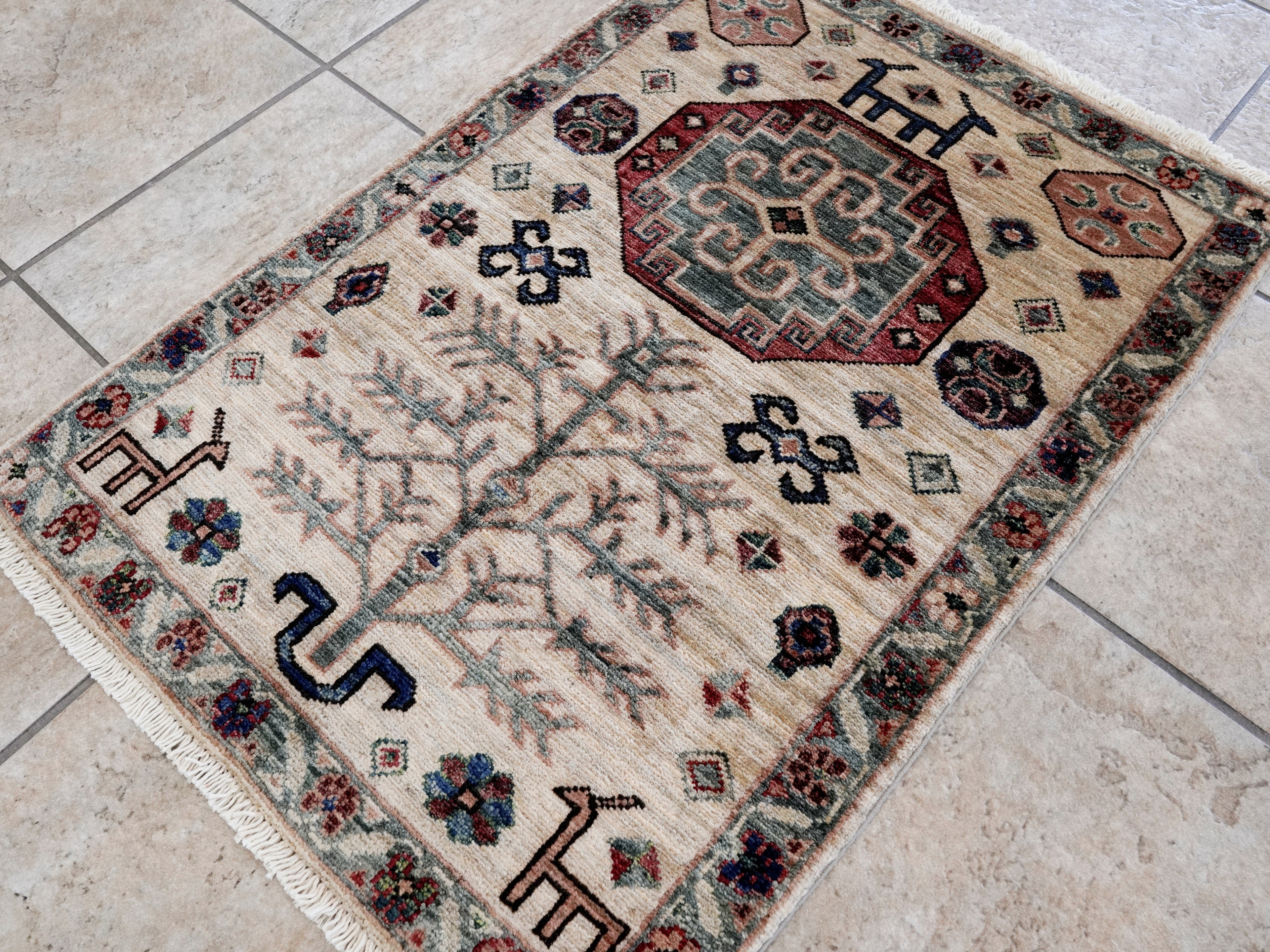 2x3 Ft Beige Afghan Rug - Hand Knotted Tribal Rug