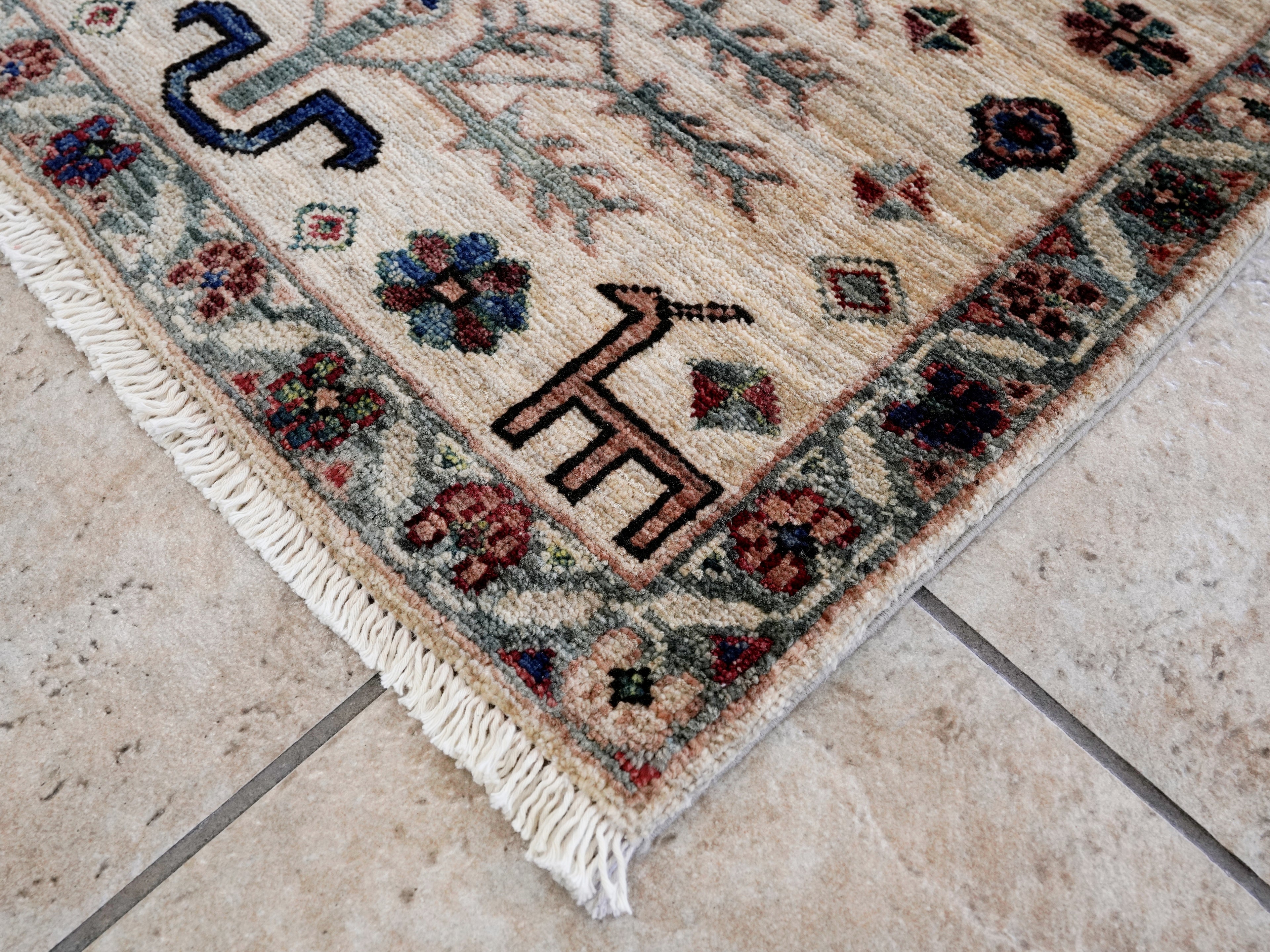 2x3 Ft Beige Afghan Rug - Hand Knotted Tribal Rug