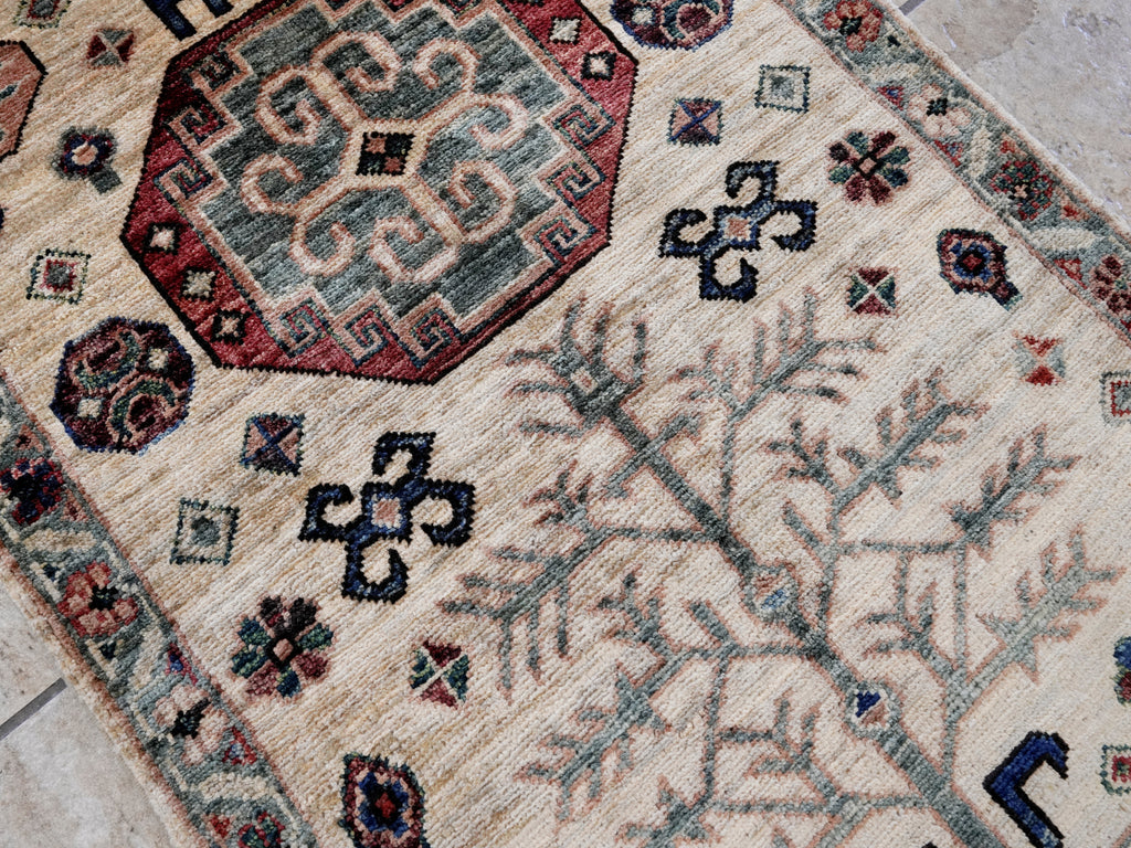 2x3 Ft Beige Afghan Rug - Hand Knotted Tribal Rug