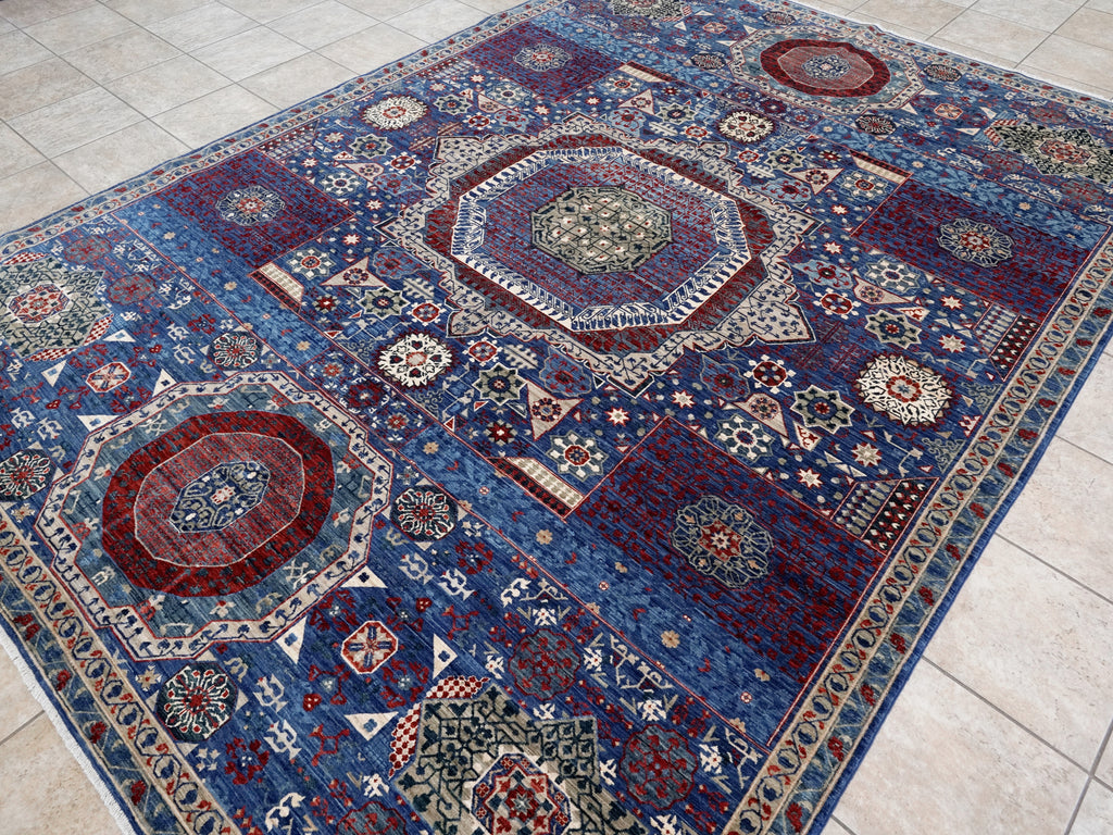 8x11 Ft Blue Mamluk Rug - Hand Knotted Afghan Rug