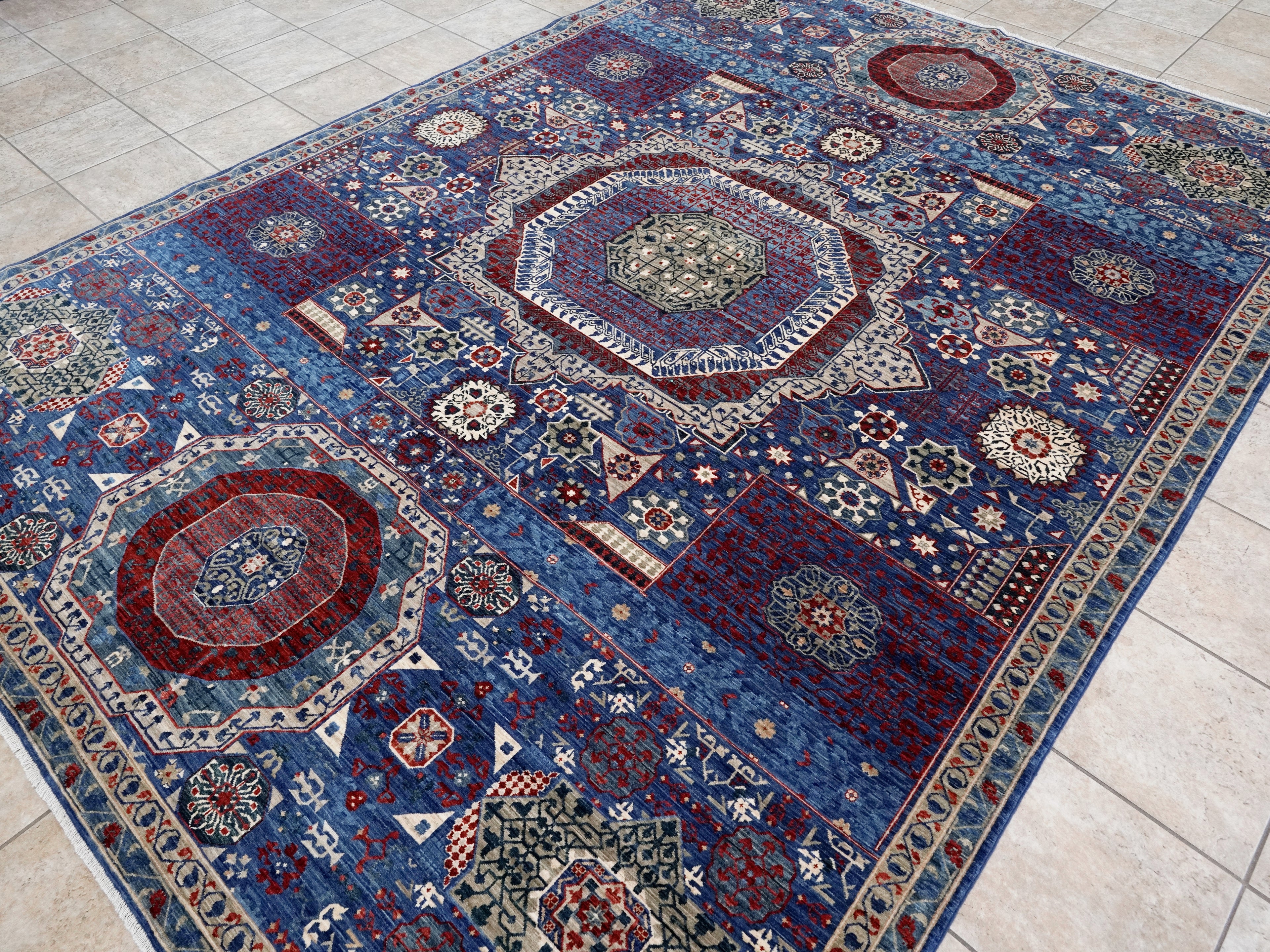 8x11 Ft Blue Mamluk Rug - Hand Knotted Afghan Rug