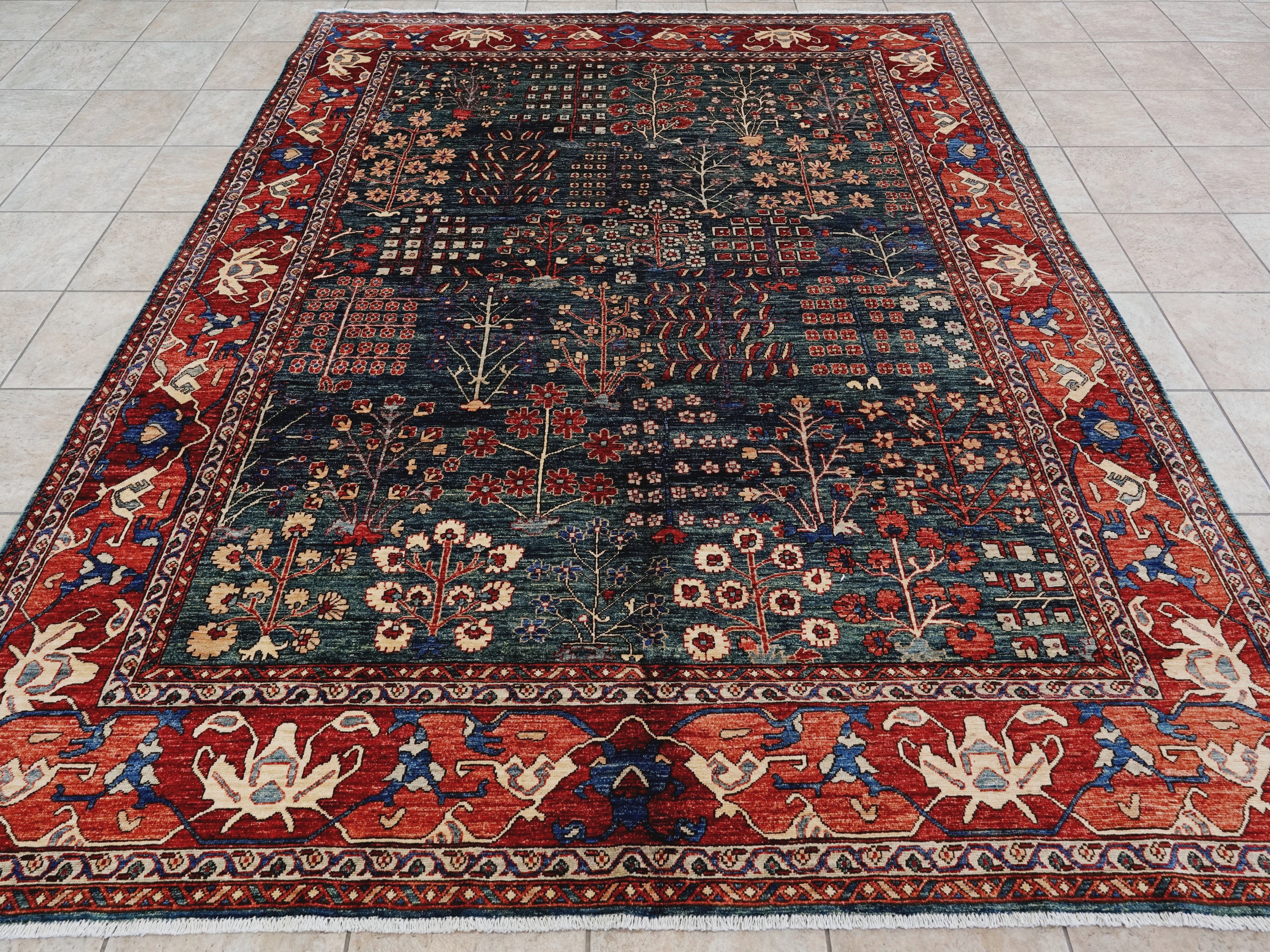 8x10 Ft Green Floral Rug - Hand Knotted Afghan Rug