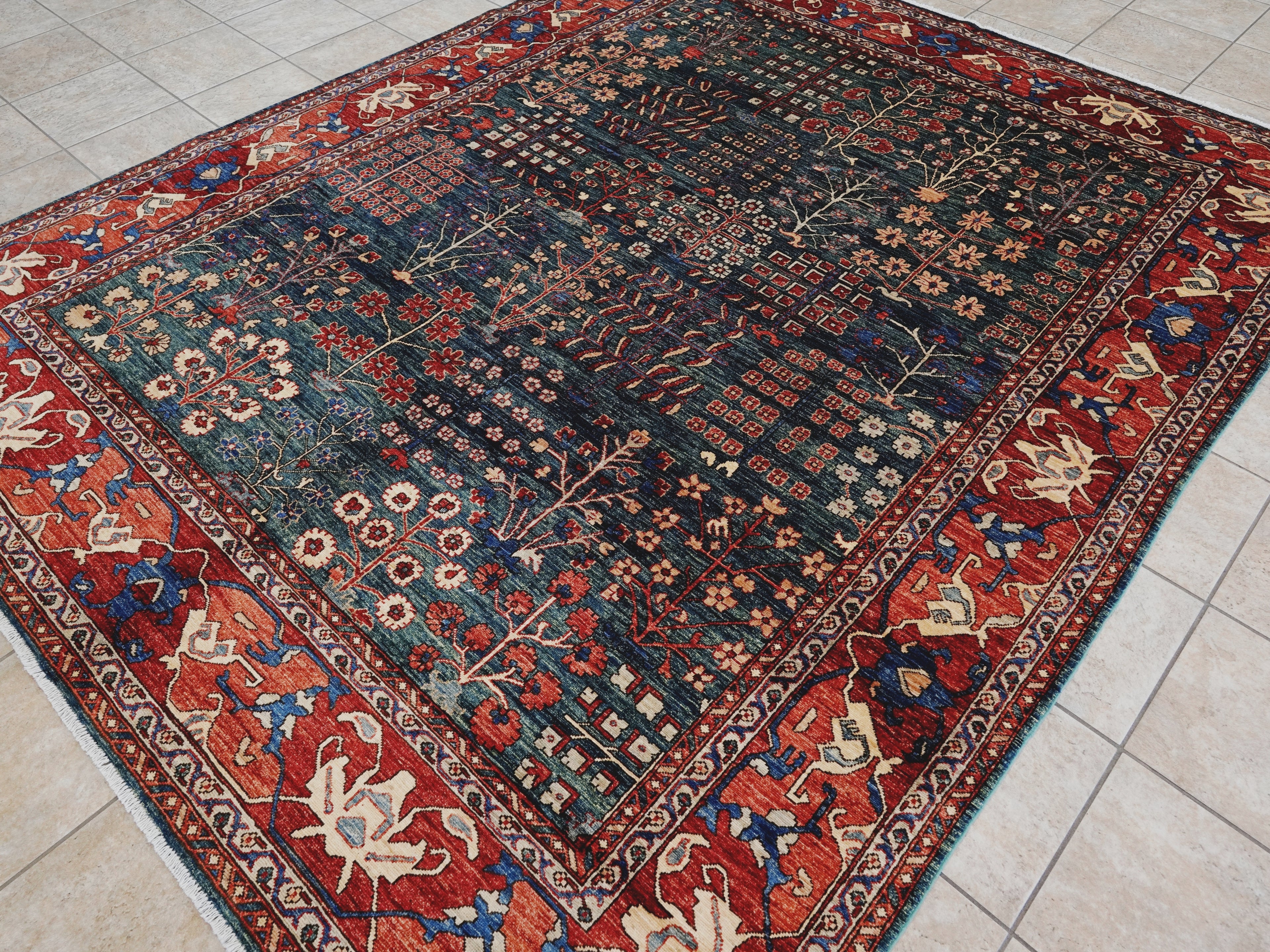 8x10 Ft Green Floral Rug - Hand Knotted Afghan Rug