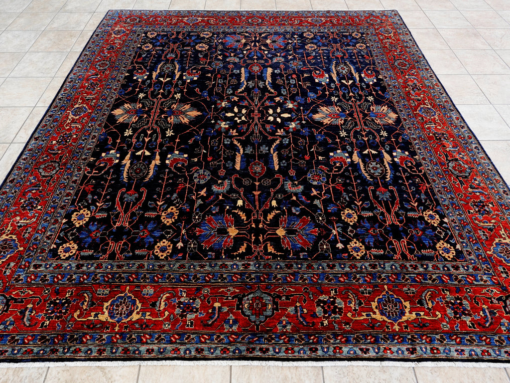 8x8 Ft Dark Blue Floral Rug - Traditional Hand Knotted Afghan Rug