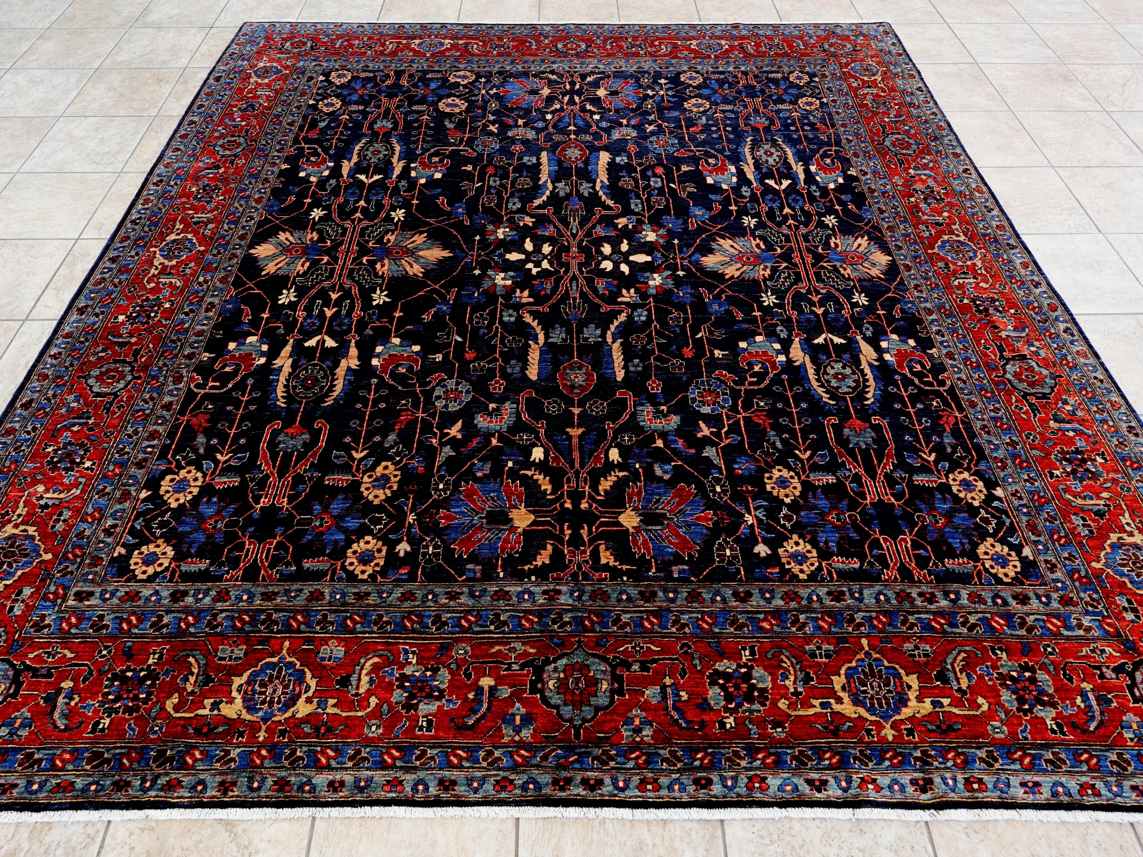 8x8 Ft Dark Blue Floral Rug - Traditional Hand Knotted Afghan Rug