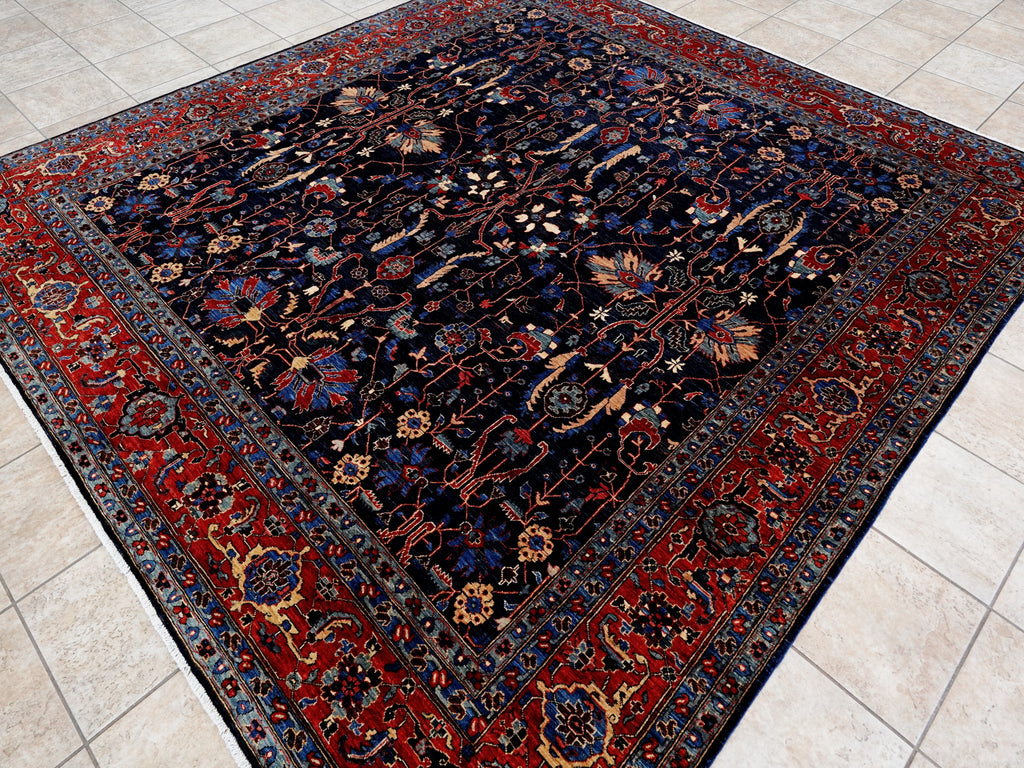8x8 Ft Dark Blue Floral Rug - Traditional Hand Knotted Afghan Rug