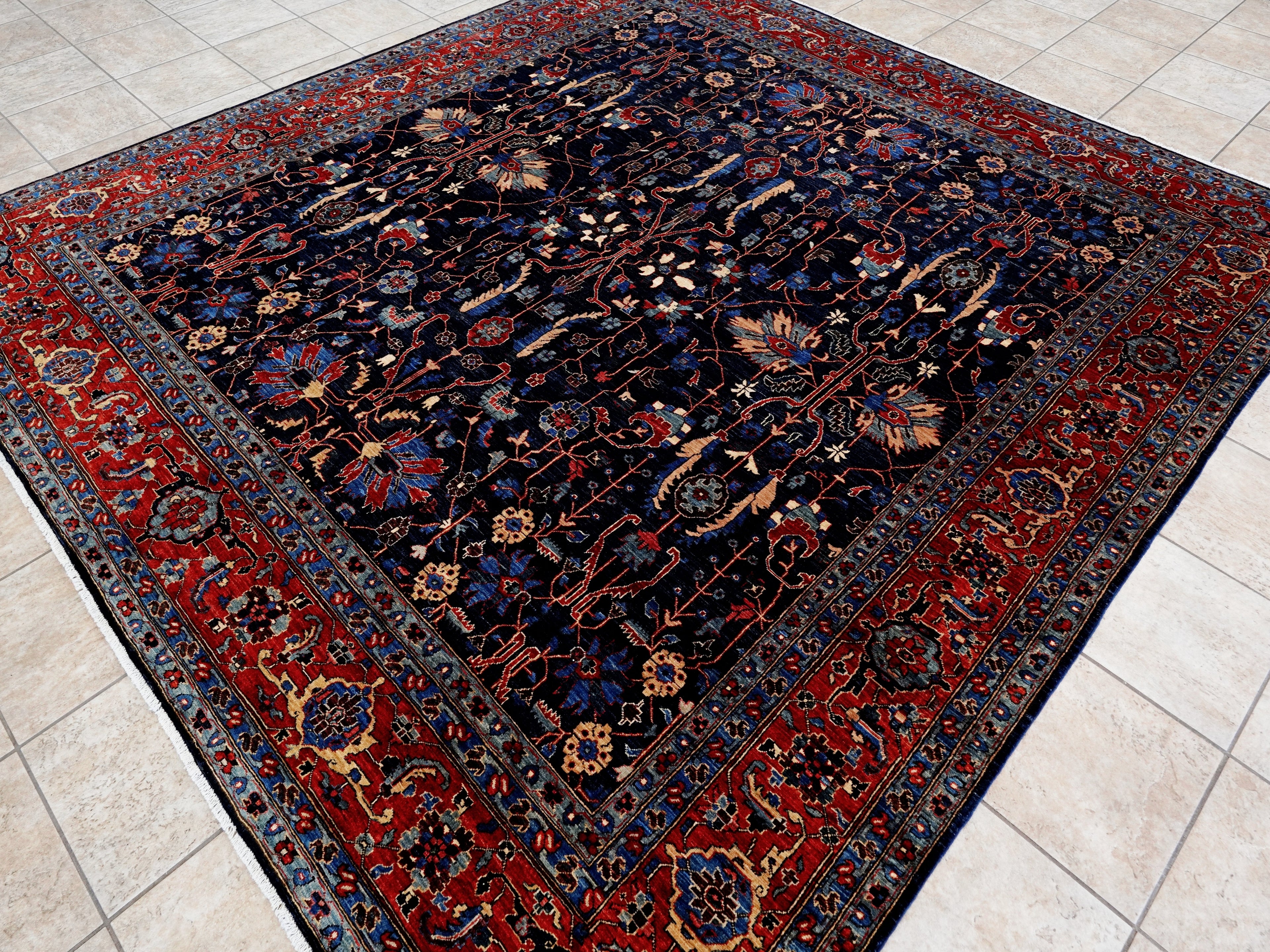8x8 Ft Dark Blue Floral Rug - Traditional Hand Knotted Afghan Rug