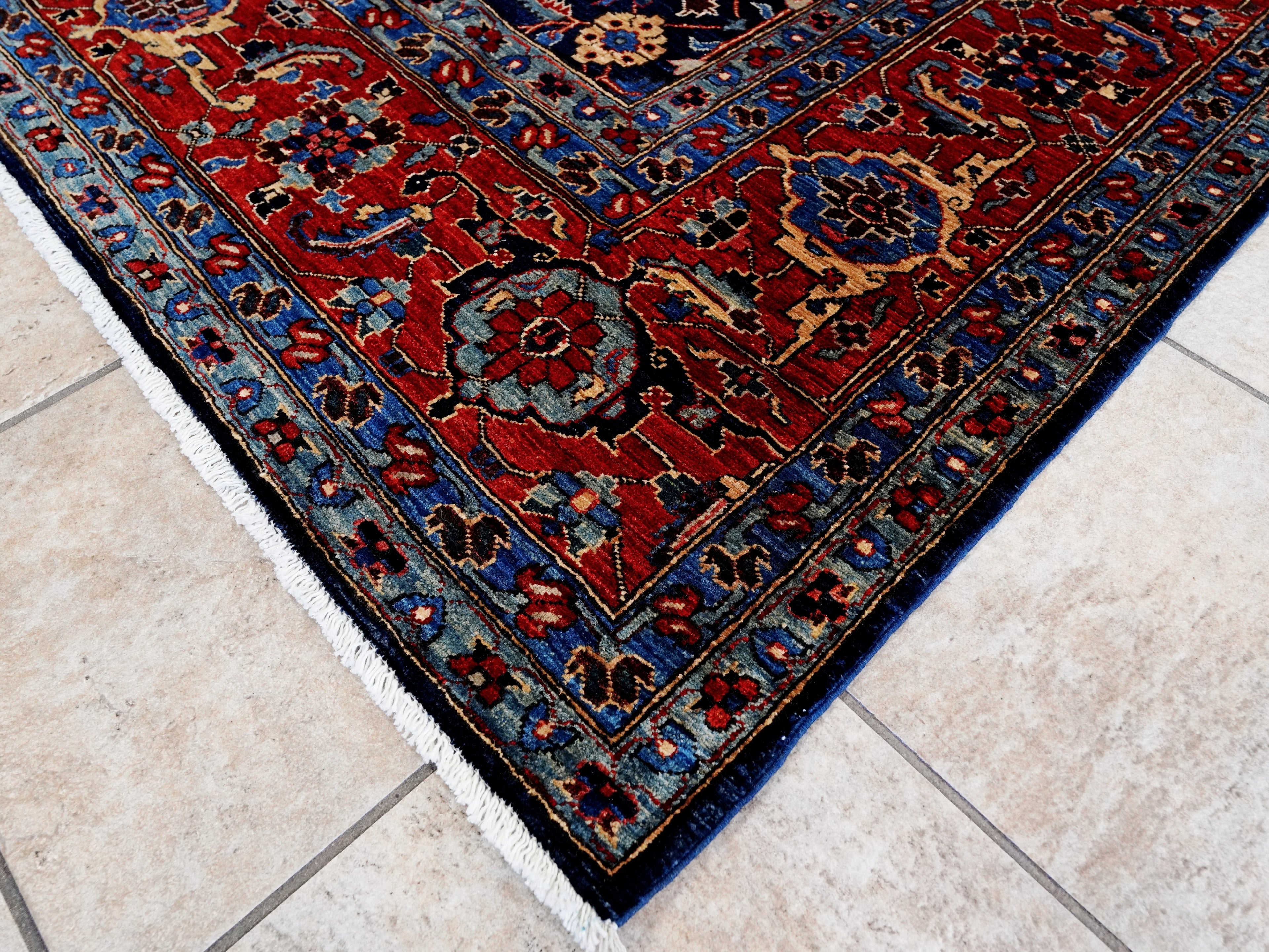8x8 Ft Dark Blue Floral Rug - Traditional Hand Knotted Afghan Rug