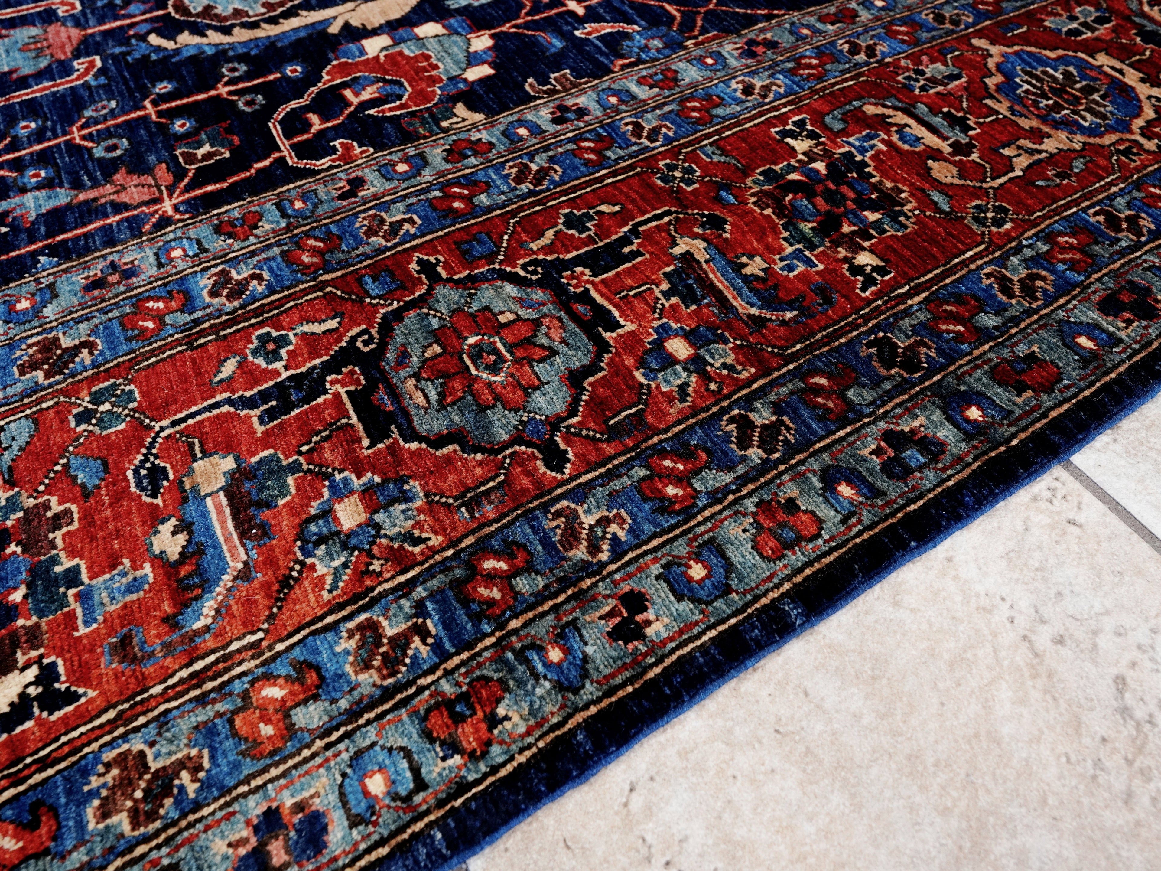 8x8 Ft Dark Blue Floral Rug - Traditional Hand Knotted Afghan Rug
