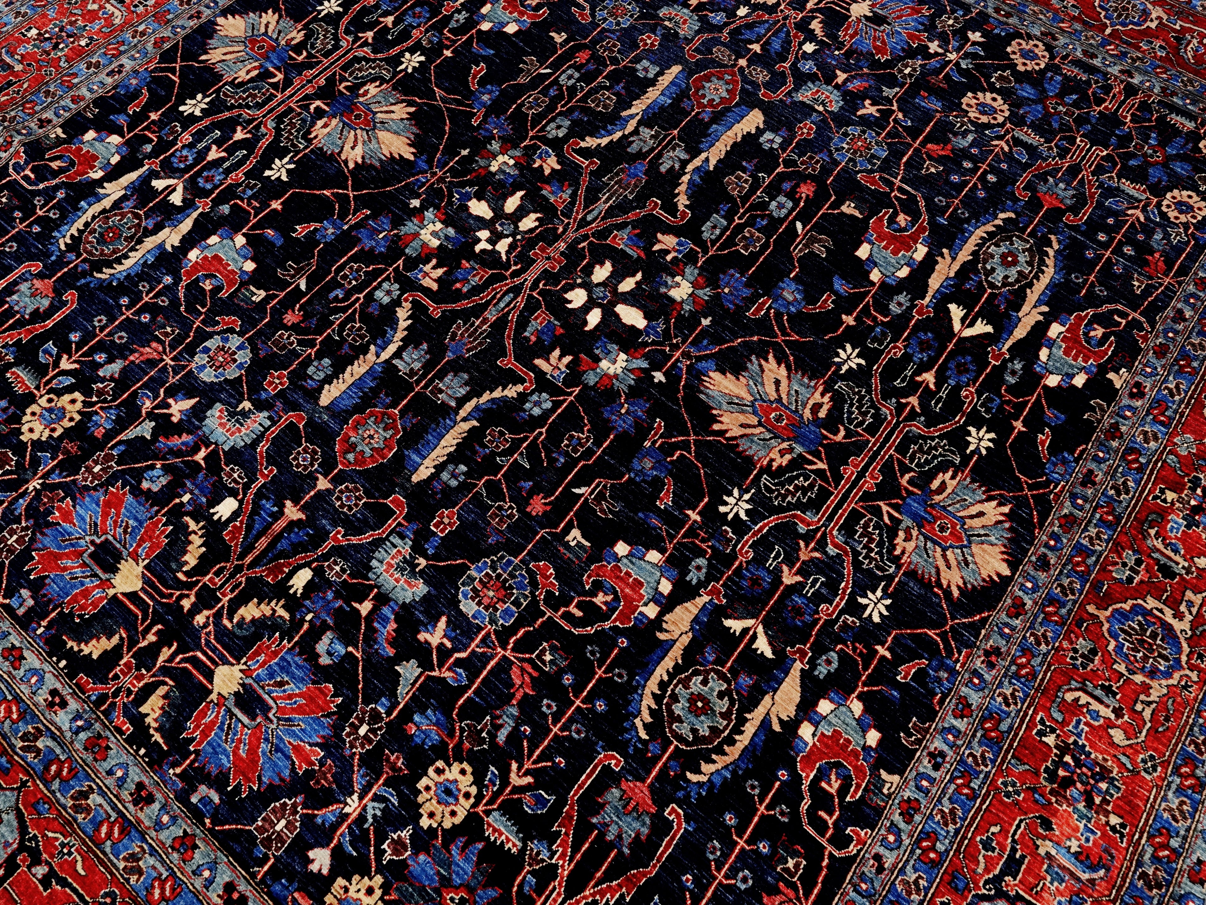 8x8 Ft Dark Blue Floral Rug - Traditional Hand Knotted Afghan Rug