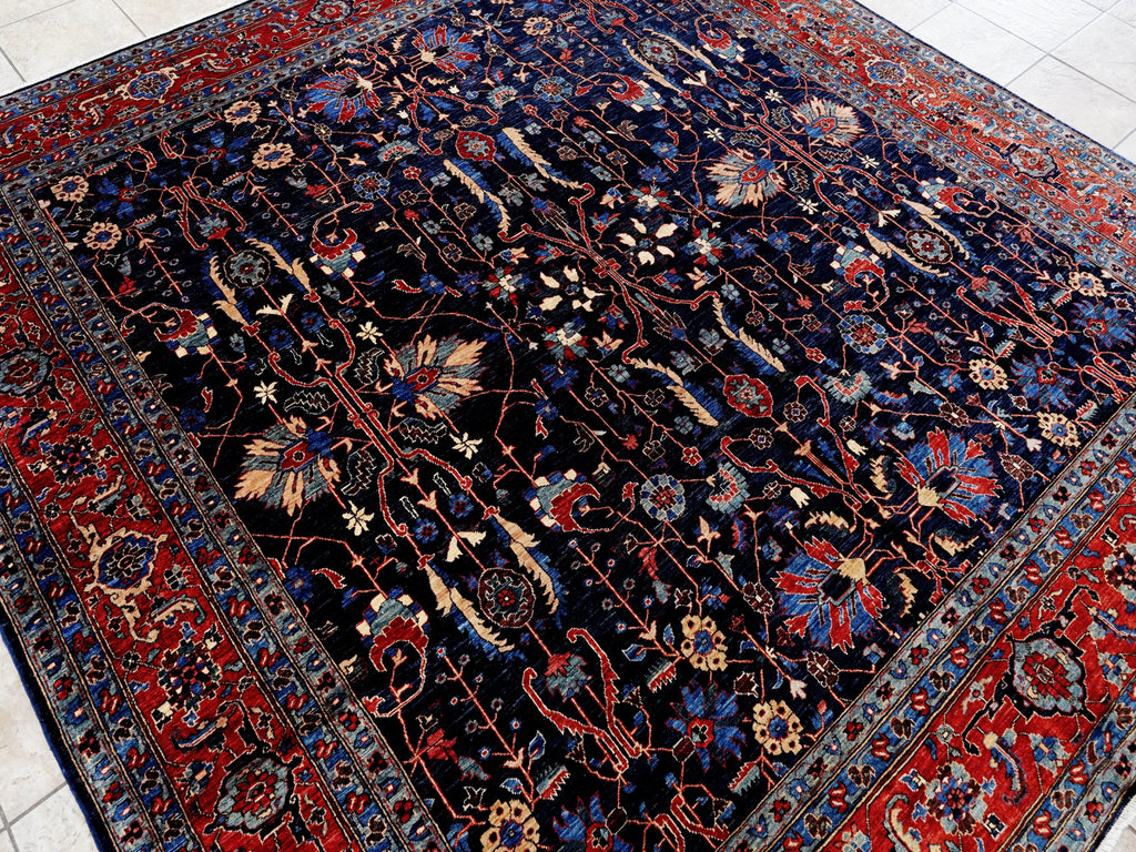 8x8 Ft Dark Blue Floral Rug - Traditional Hand Knotted Afghan Rug